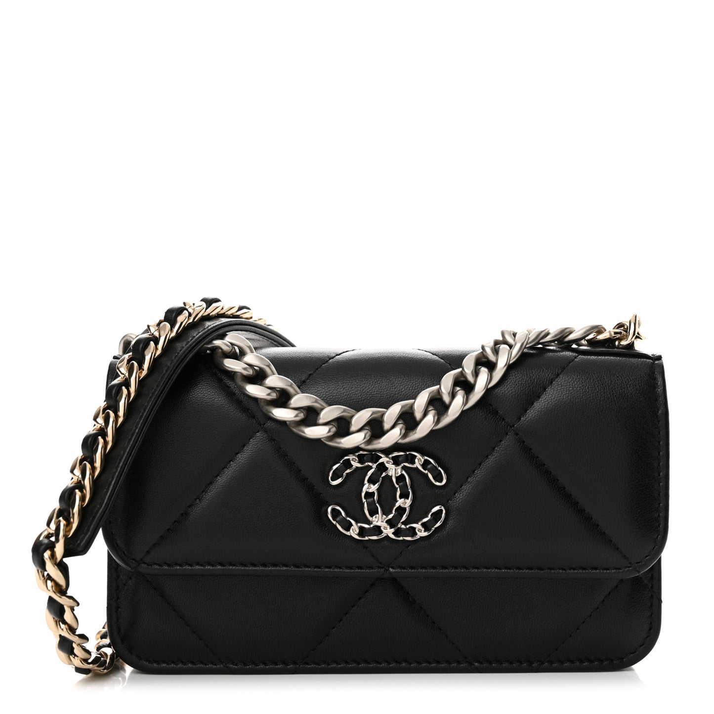 Lambskin Quilted Chanel 19 Flap Phone Holder With Chain Black