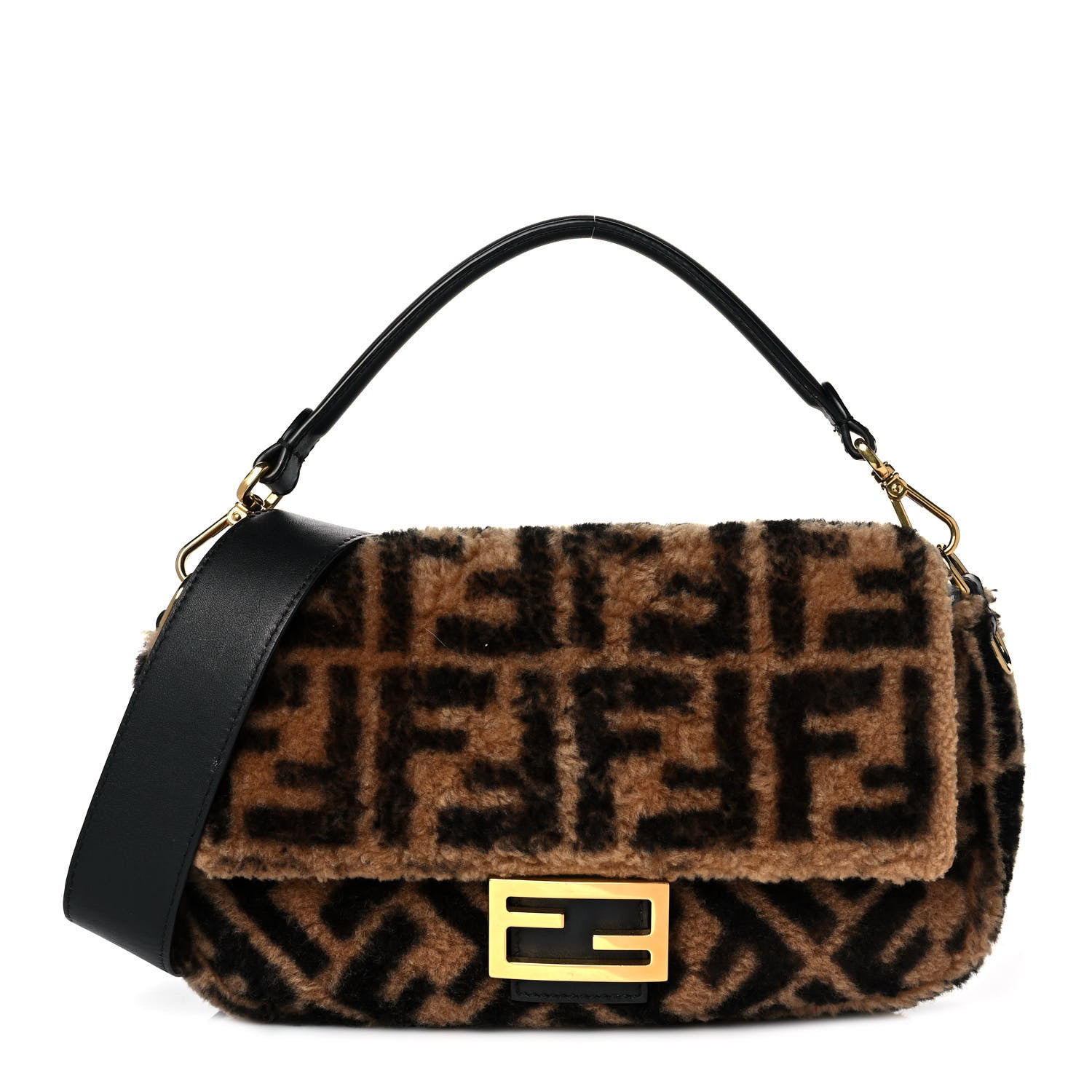 Fendi Shearling Vitello Dolce Macro FF 1974 Baguette Tobacco Black 1 of 9