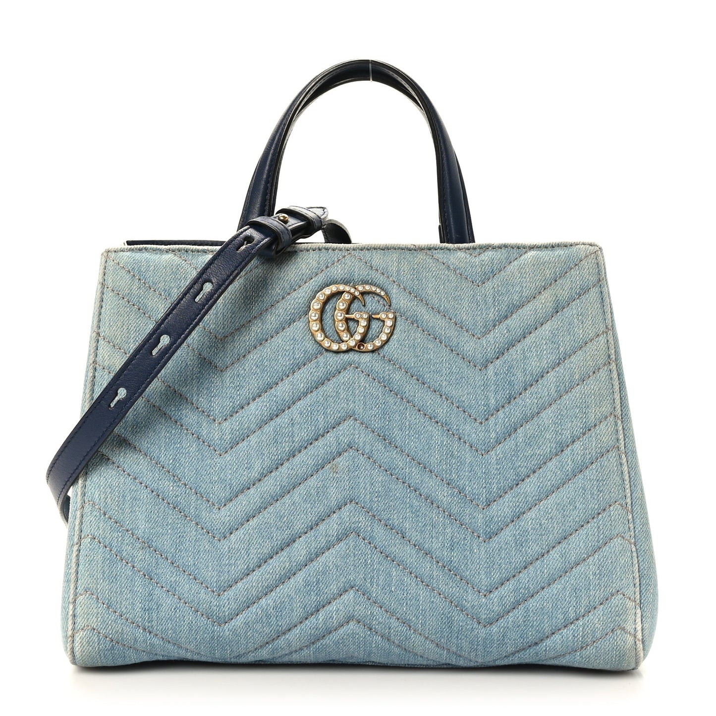 Denim Matelasse Small Pearly GG Marmont Tote Blue