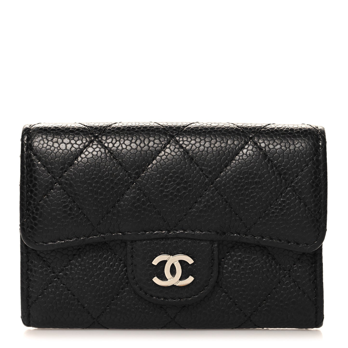 Caviar Quilted Flap Card Holder Wallet Black