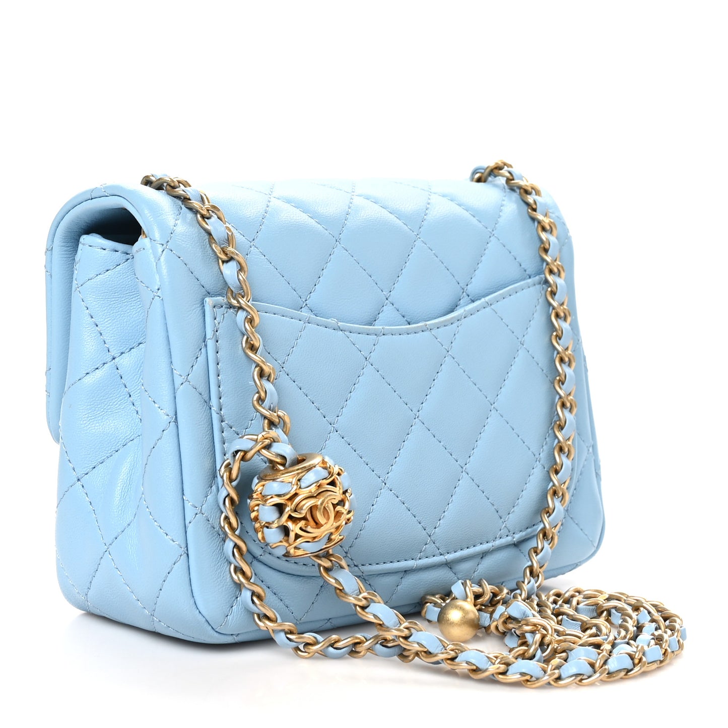 Lambskin Quilted Mini Pearl Crush Flap Light Blue