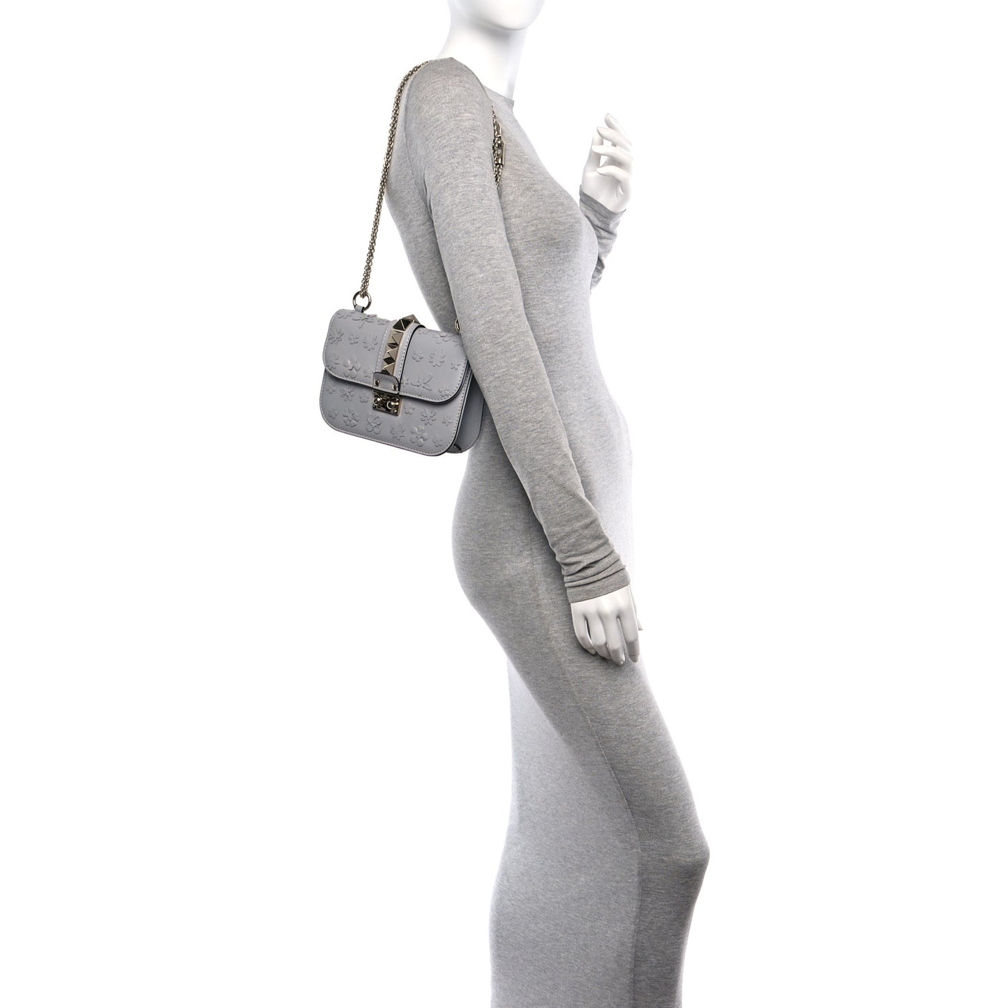 Vitello Flower Embellished Small Glam Lock Rockstud Flap Pastel Grey
