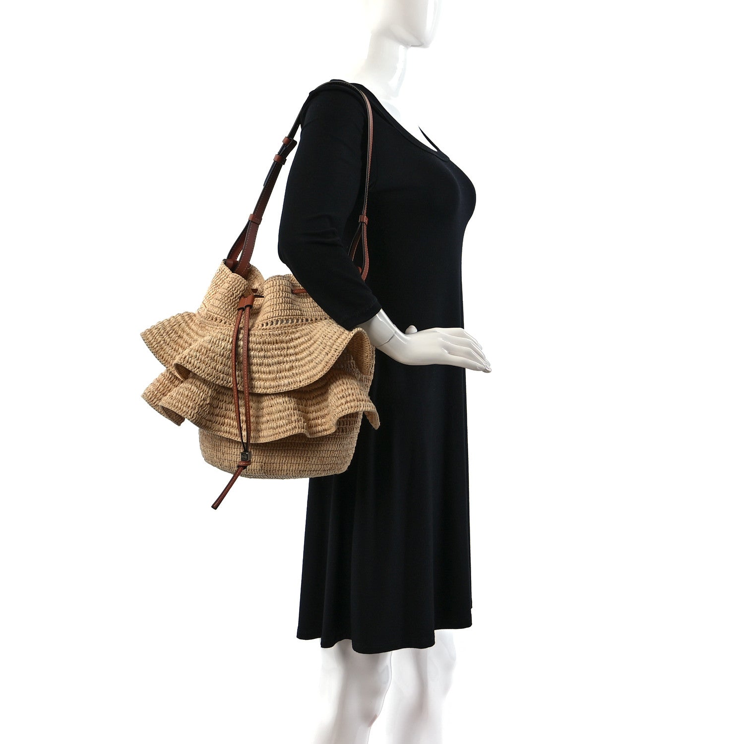 Loewe Raffia Calfskin Balloon Ruffles Bucket Bag Natural Tan 2 of 8