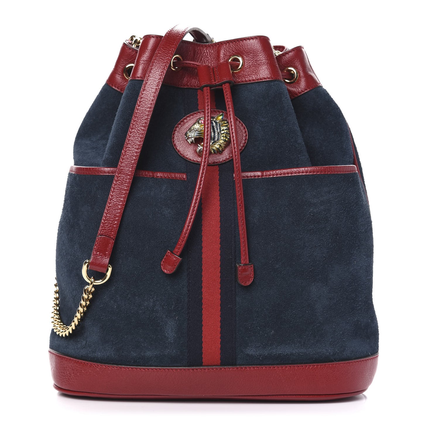 Suede Calfskin Web Medium Rajah Bucket Bag New Blue Romantic Cherry