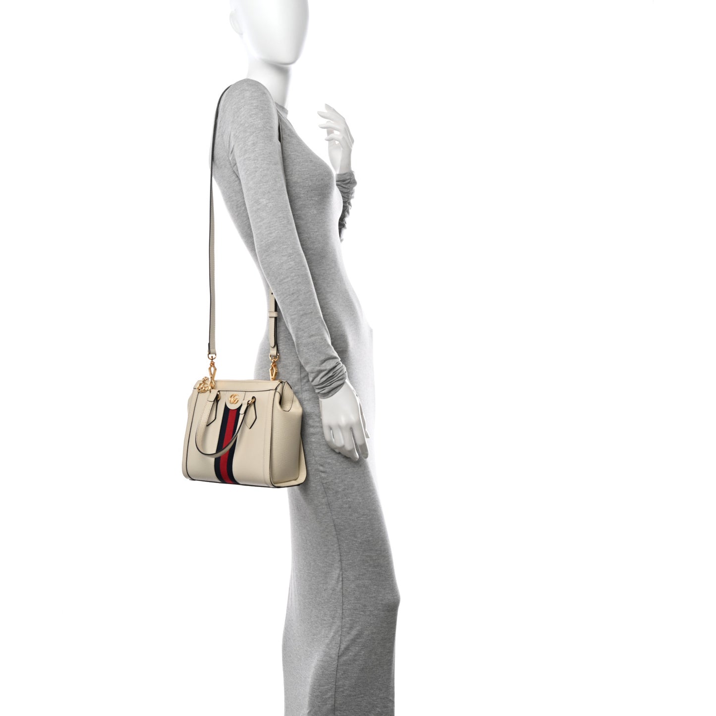 Textured Calfskin Web Small Ophidia Tote Bag Mystic White