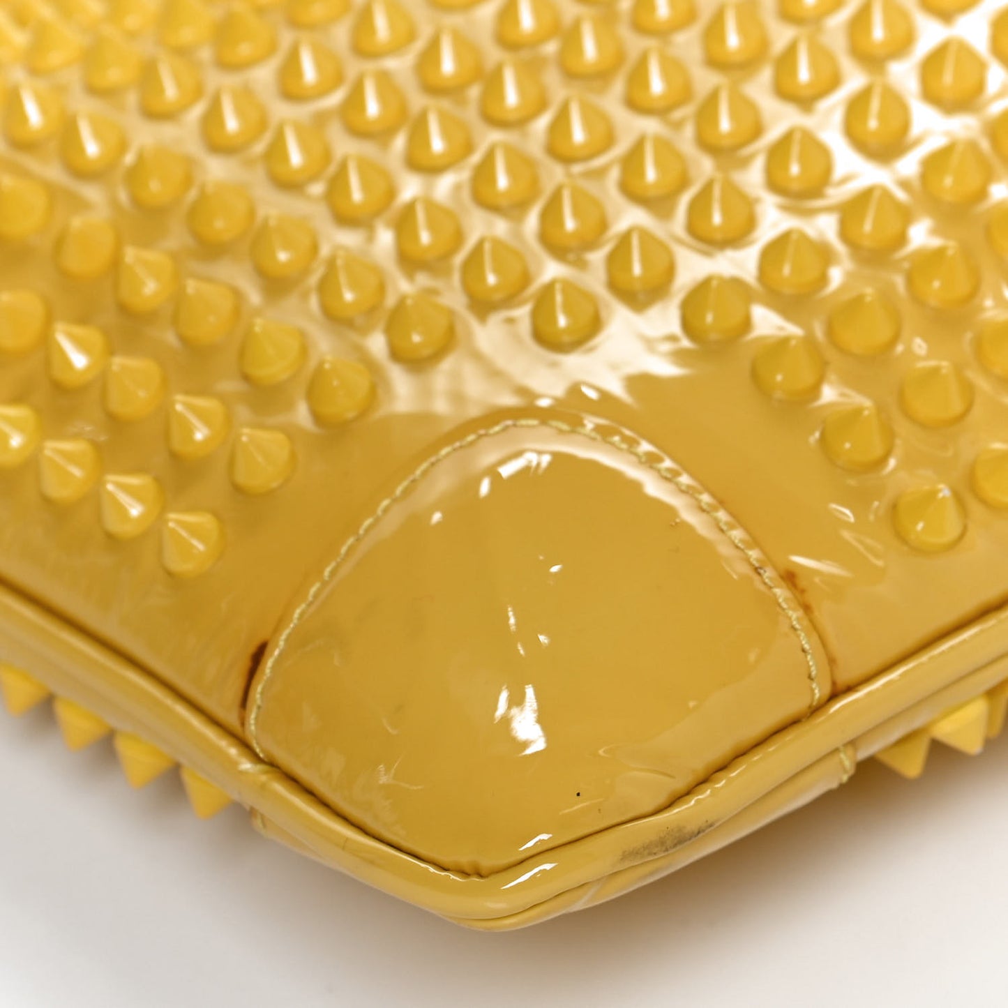 Patent Calfskin Studded Loubiposh Chain Clutch Yellow