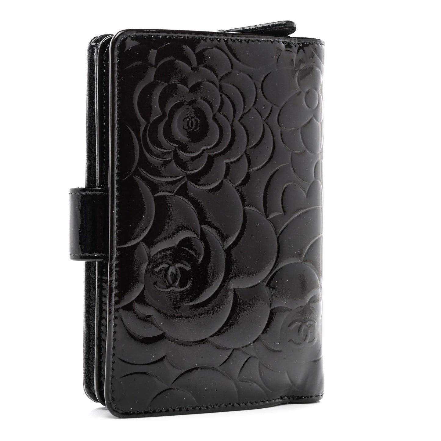 Patent Camellia Embossed Zipped Pocket Wallet Black