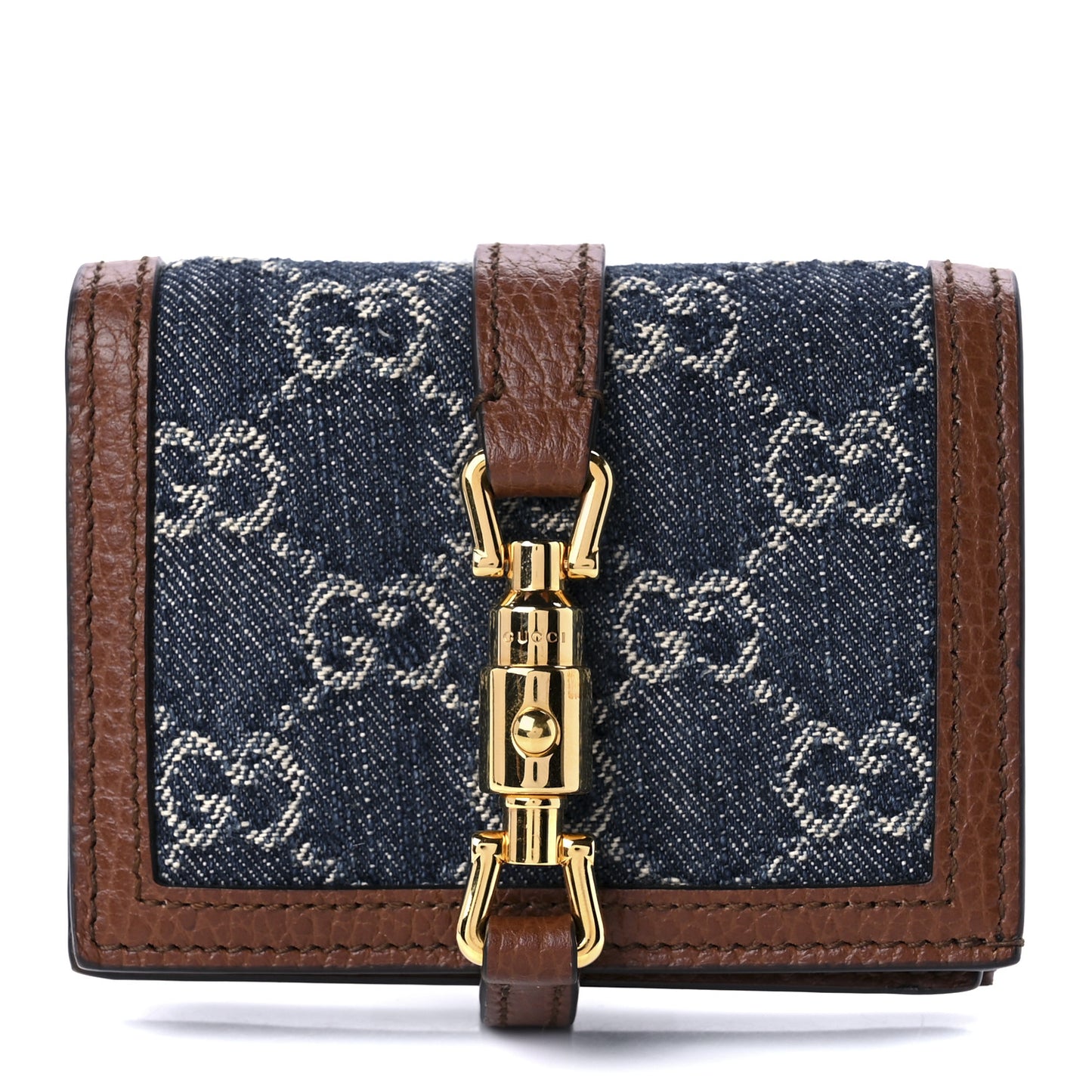 New Denim GG Monogram Jackie 1961 Card Case Blue Tea Cuir
