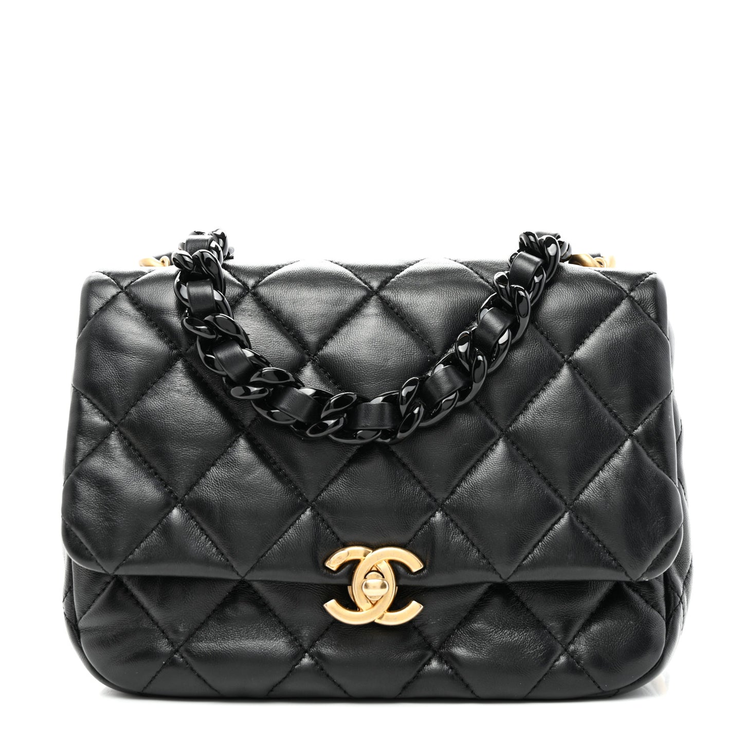 Lambskin Quilted Small Lacquered Chain Flap Black