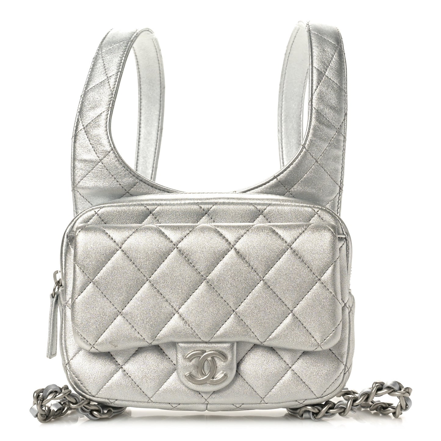 Metallic Lambskin Quilted Flap Backpack Silver