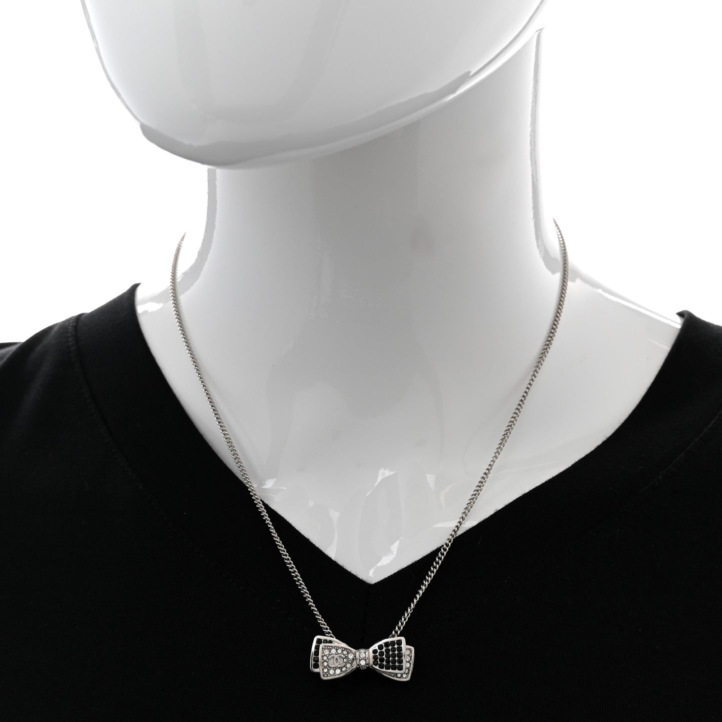 Crystal CC Bow Necklace Silver Black