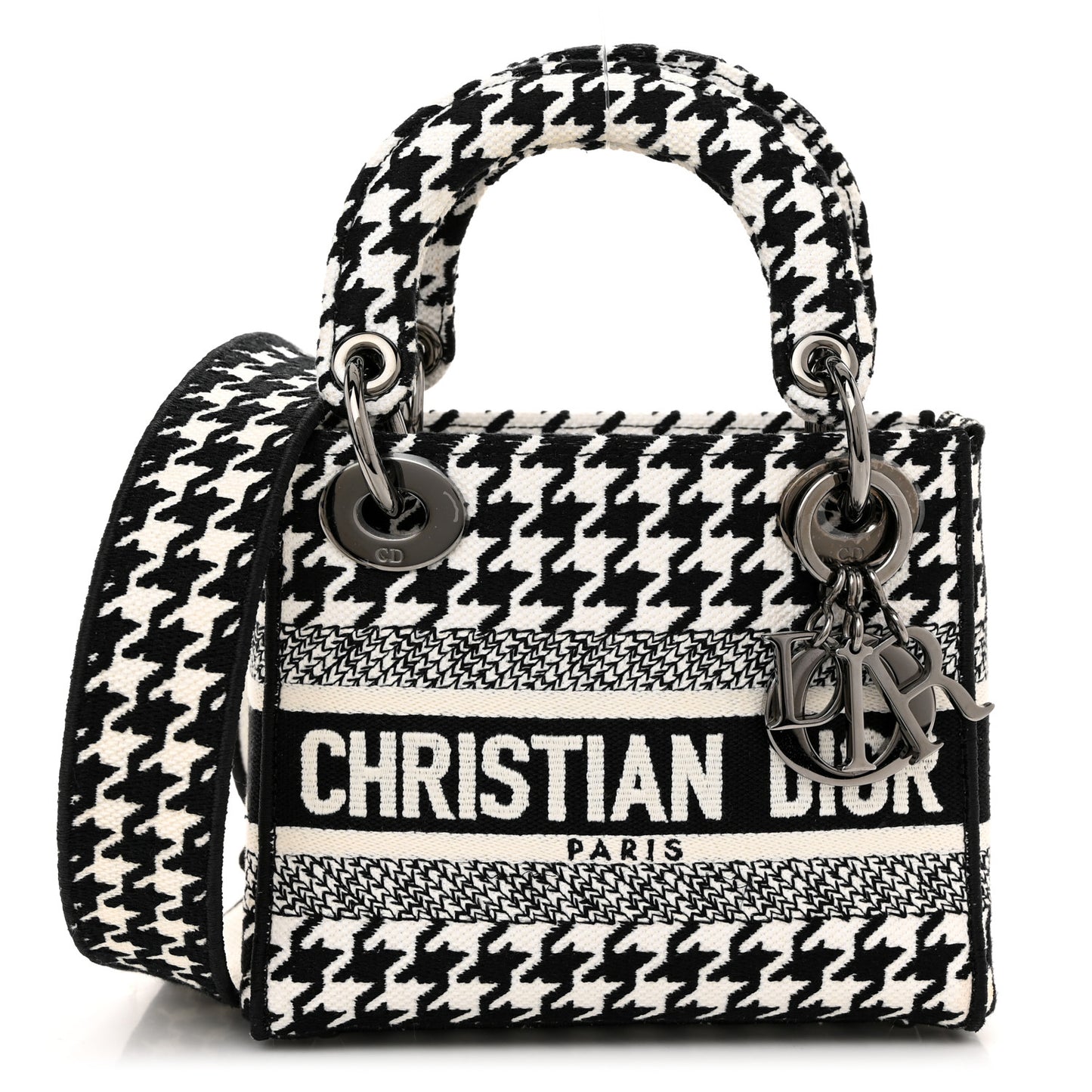Canvas Houndstooth Embroidered Mini Lady D-Lite Black White