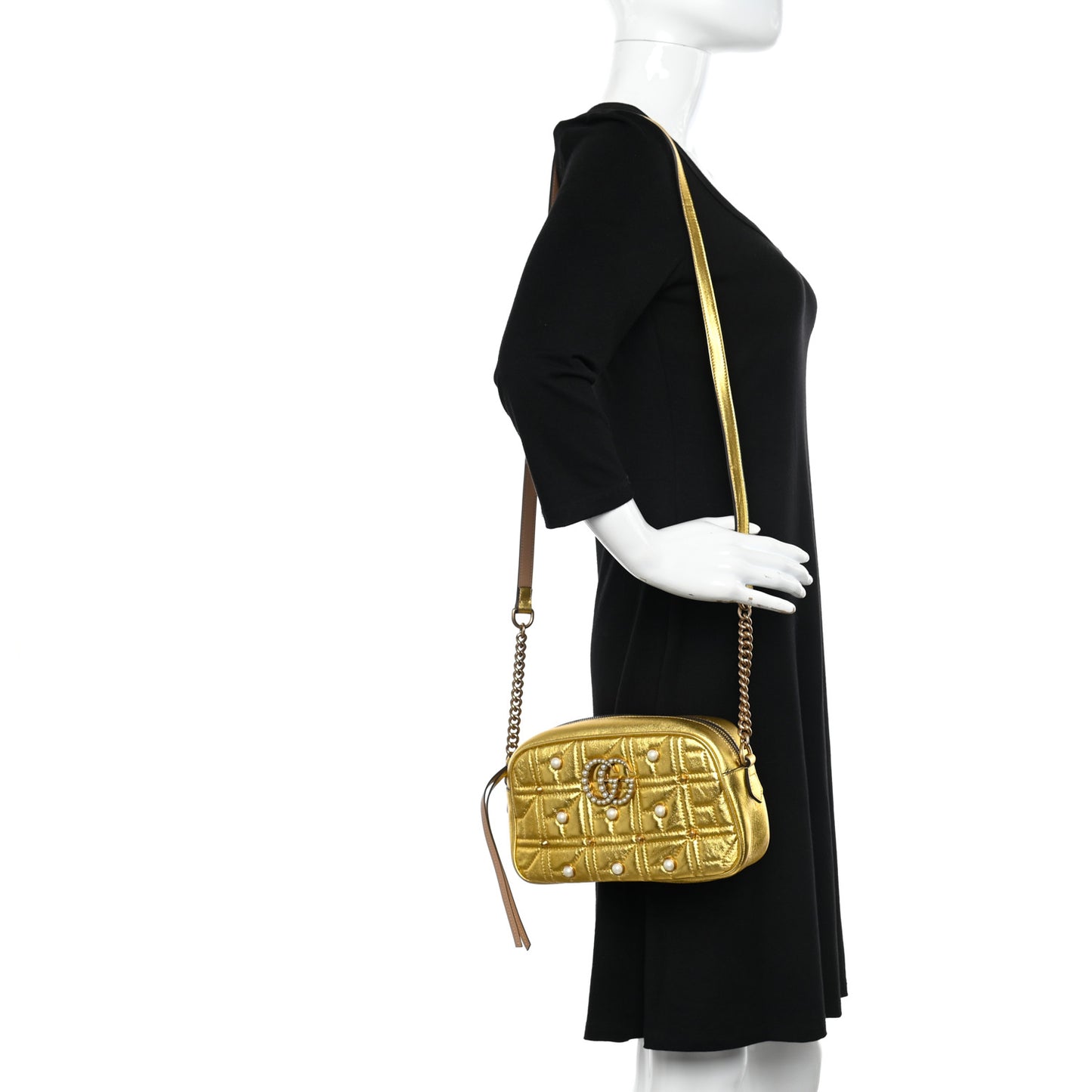 Metallic Calfskin Matelasse Studded Small Pearly GG Marmont Chain Shoulder Bag Gold