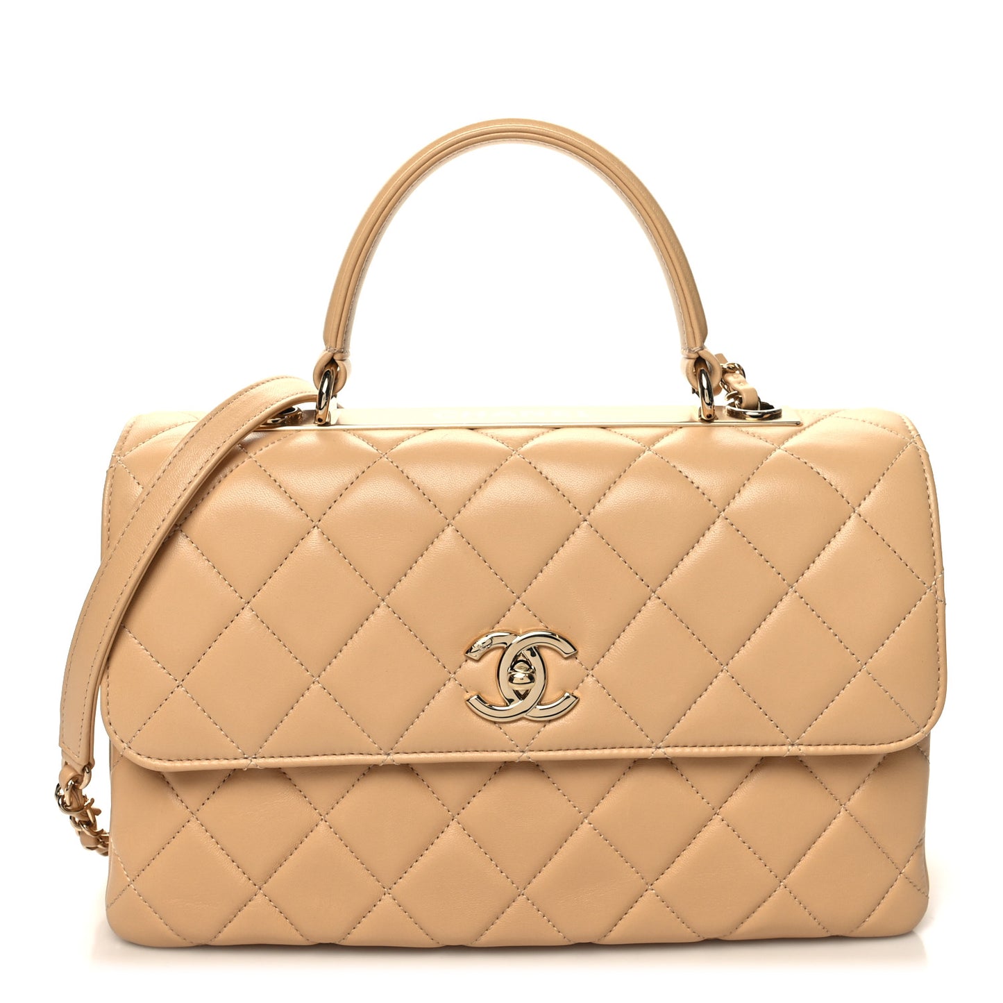 Lambskin Quilted Medium Trendy CC Flap Dual Handle Bag Beige