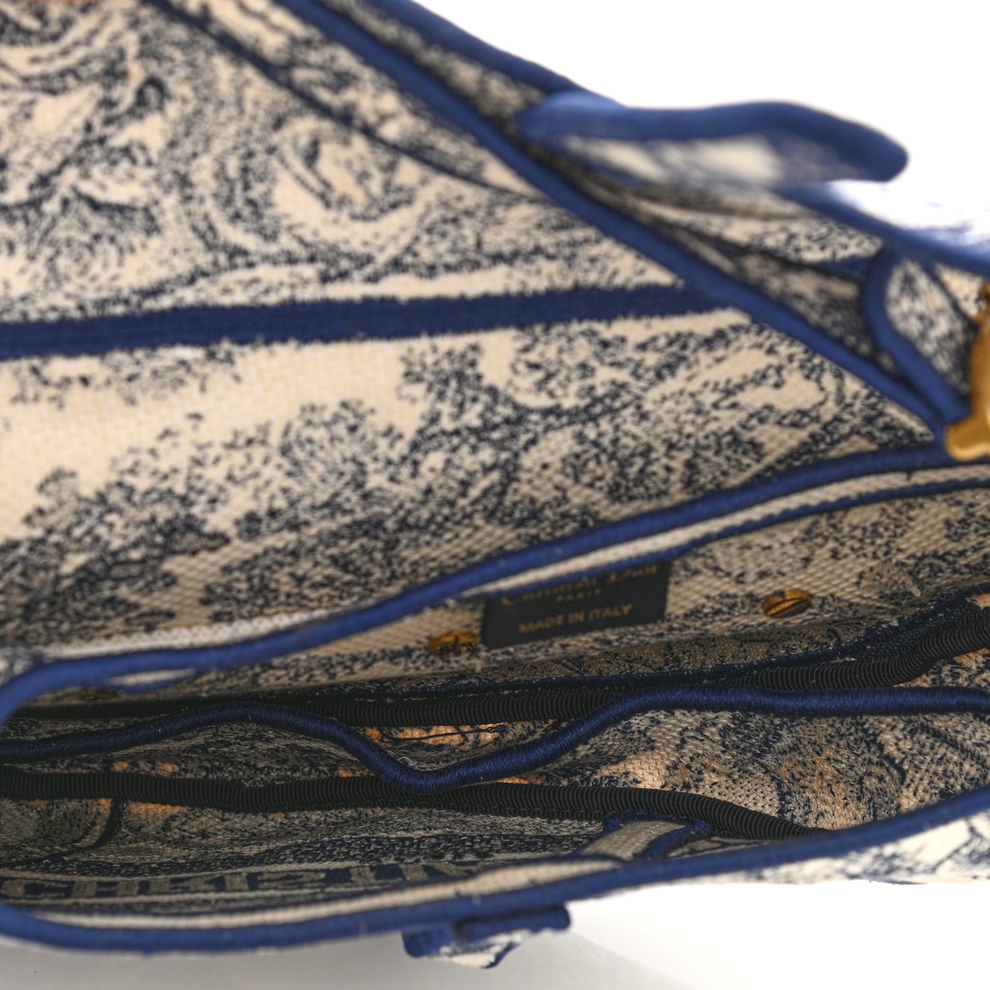 Canvas Embroidered Toile de Jouy Saddle Bag Blue