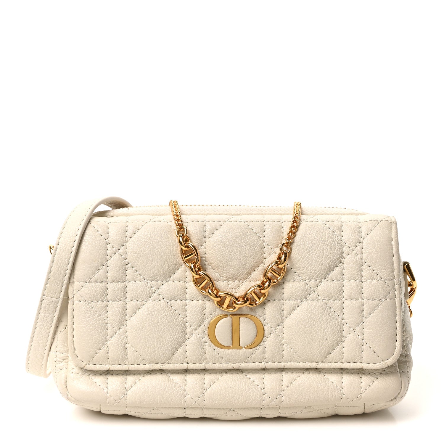 Christian Dior Supple Calfskin Cannage Caro Pouch with Chain Latte