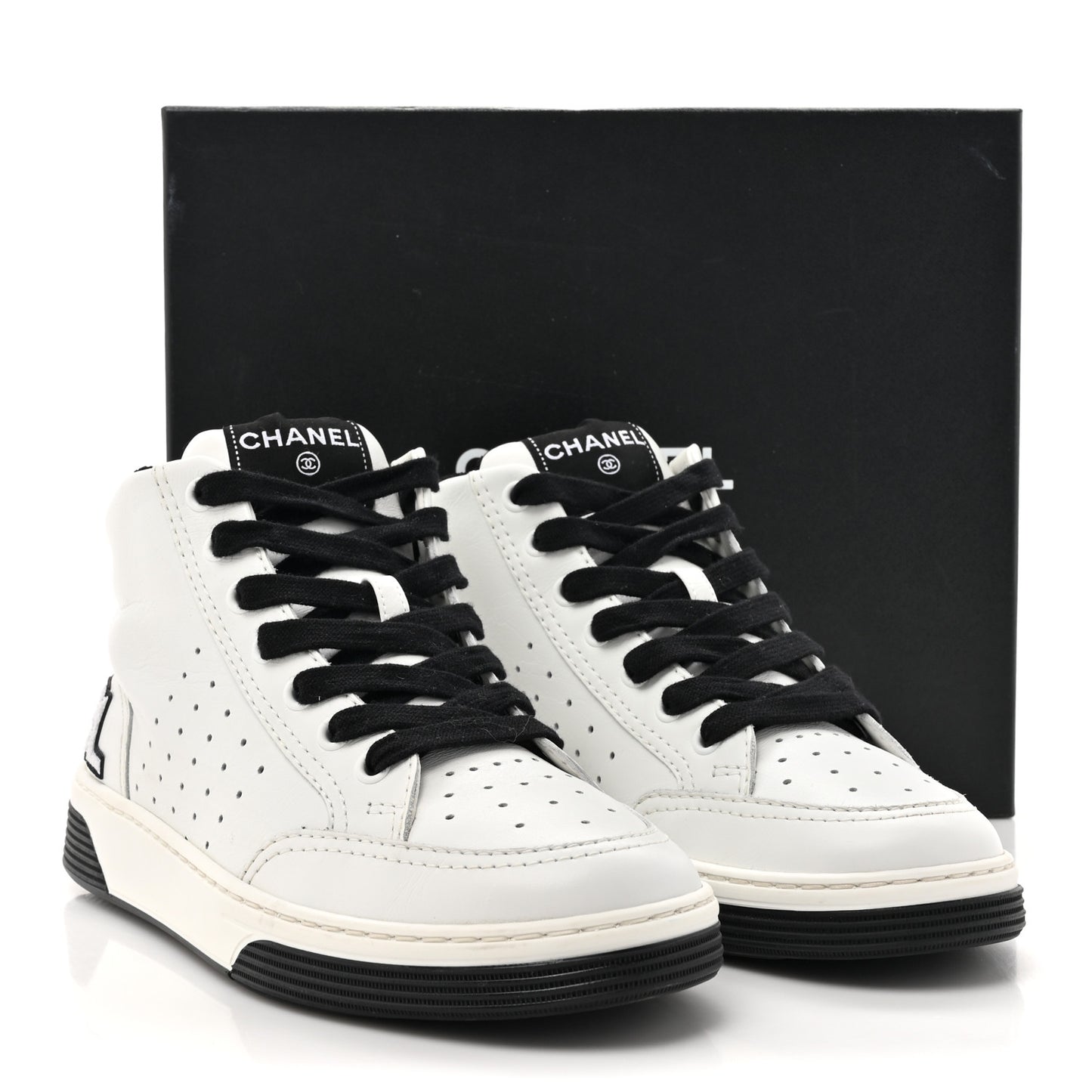 Calfskin Womens Logo High Top Sneakers 38 Black White