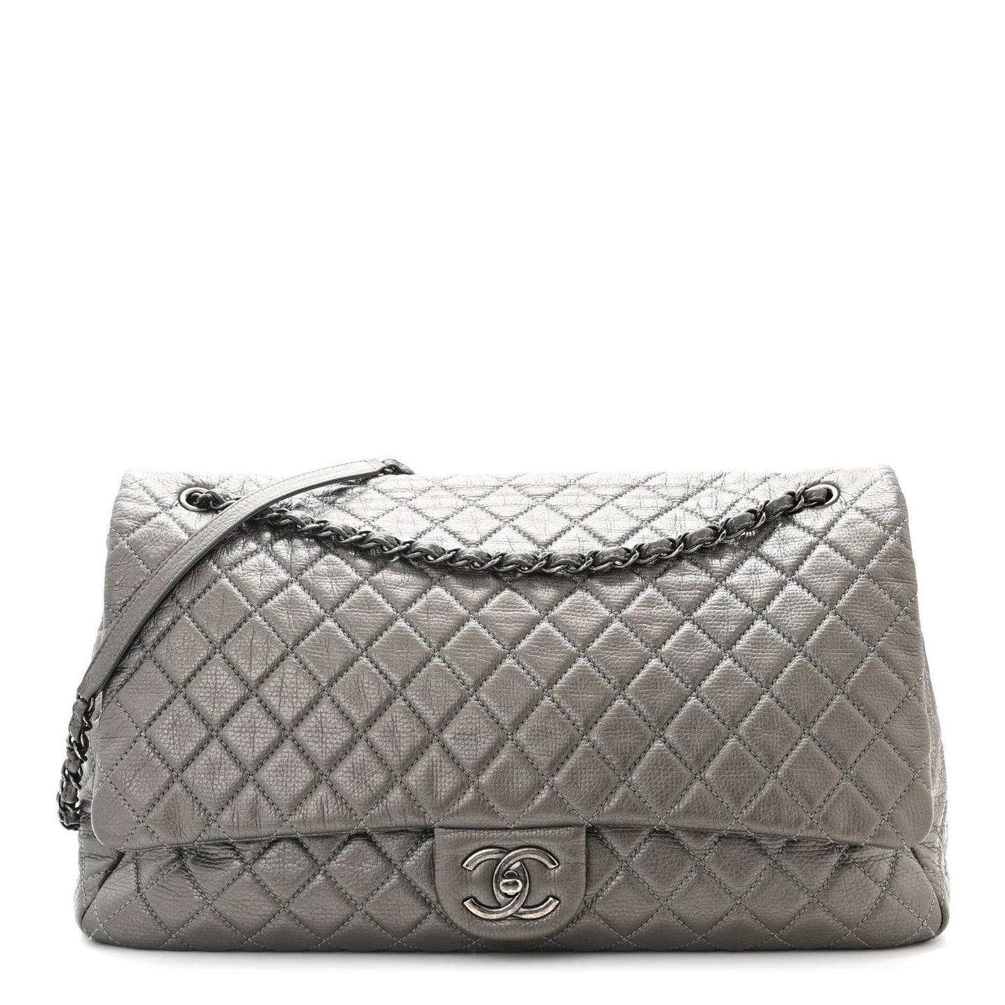 Metallic Calfskin Quilted XXL Travel Flap Bag Dark Silver