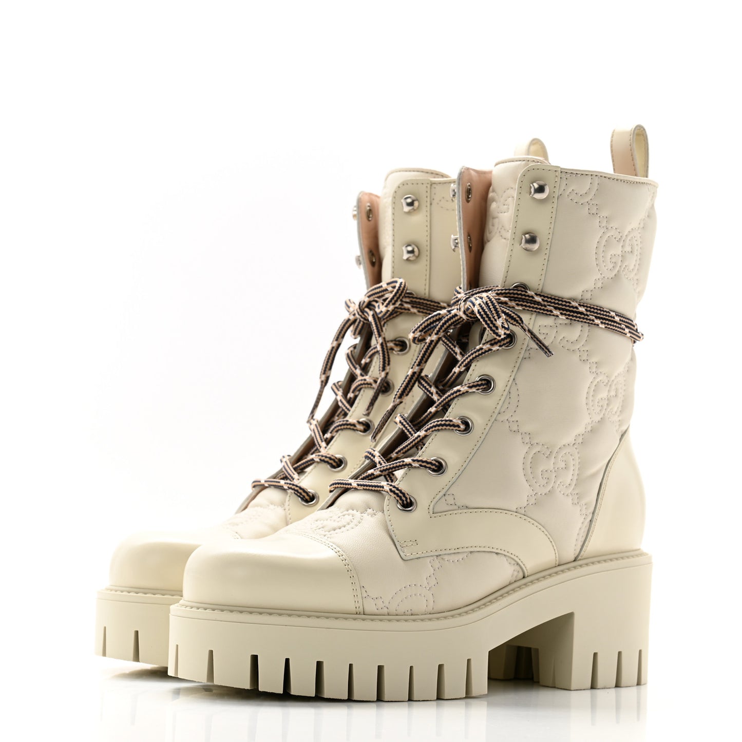 Cordovan Lux Nappa GG Matelasse Lace Up 60mm Combat Boots 36 Milk White