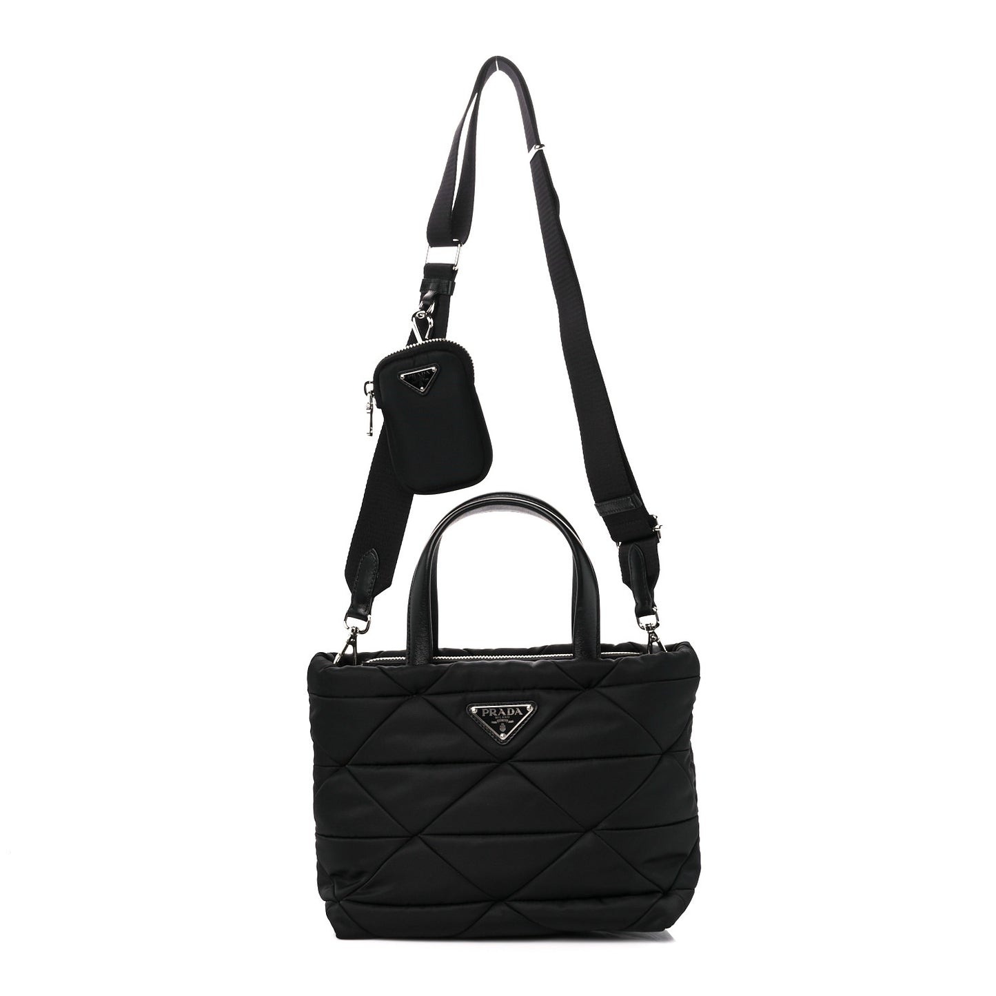 Re-Nylon Nappa Triangle Quilted Padded Double Handled Zip Pocket Tote Black