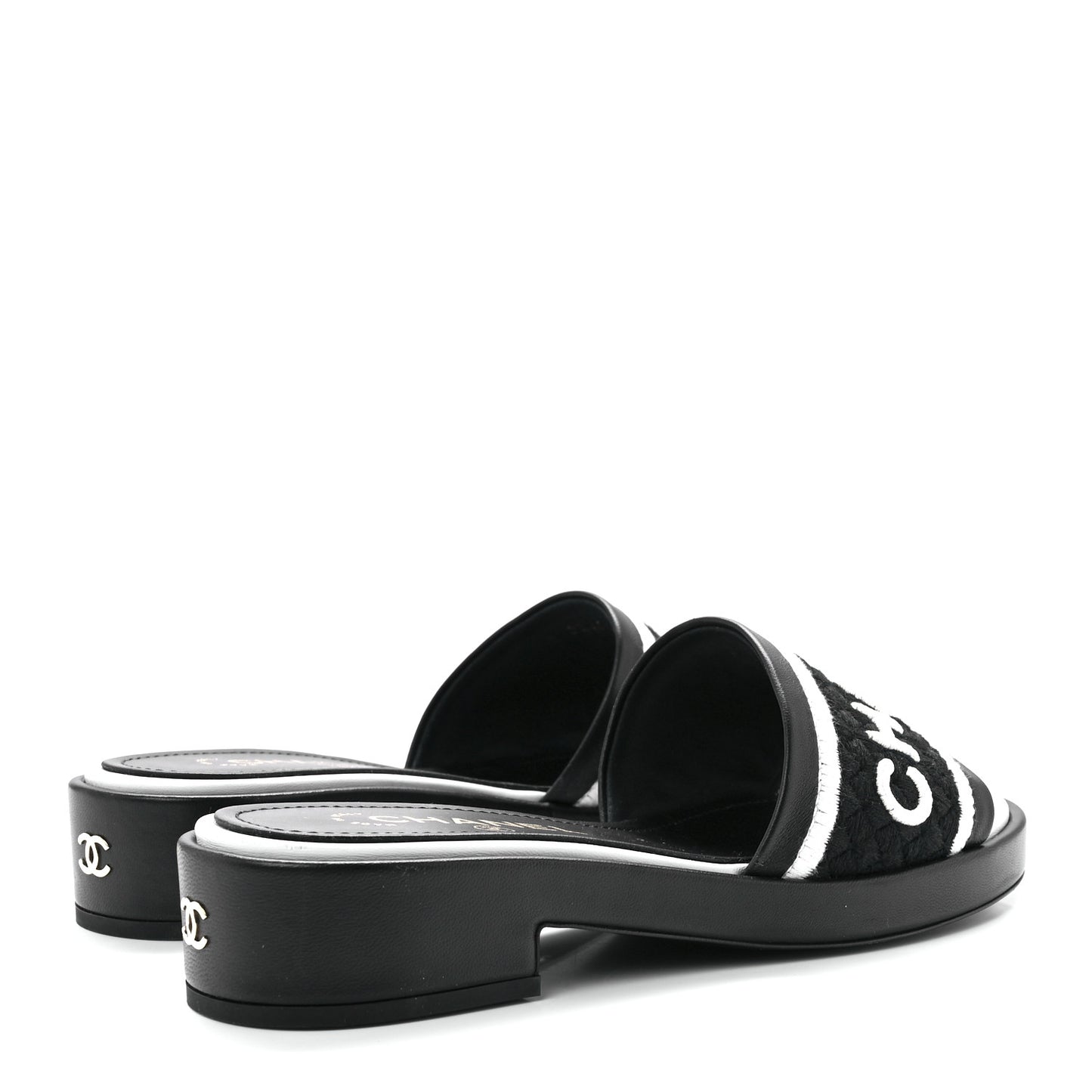 Lambskin Embroidered CC Mule Sandal 37 Black White