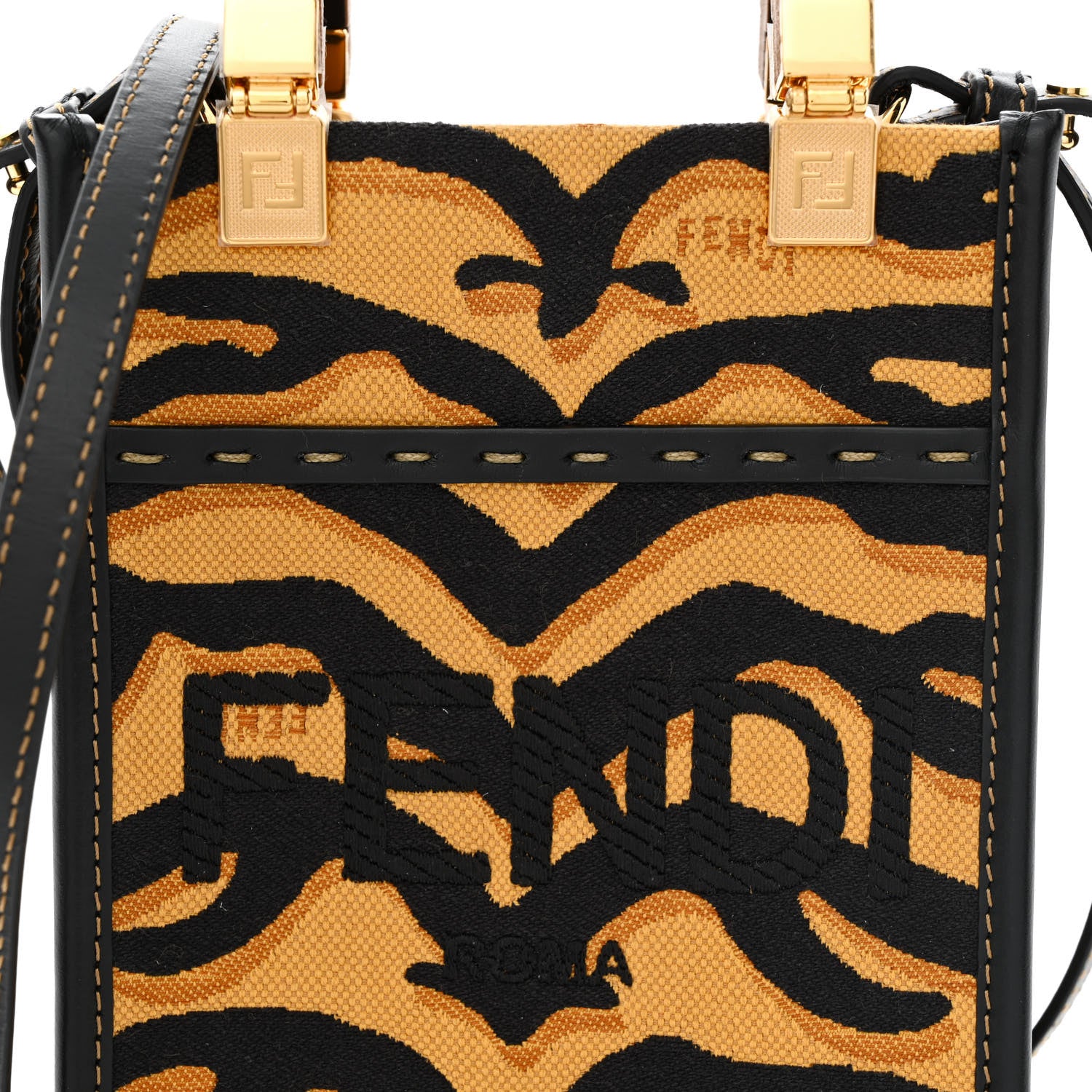 Fendi Canvas Vitello King Chinese New Year Tiger Embroidered Fendi Sunshine Shopper Tote Black Dark Yellow 8 of 10