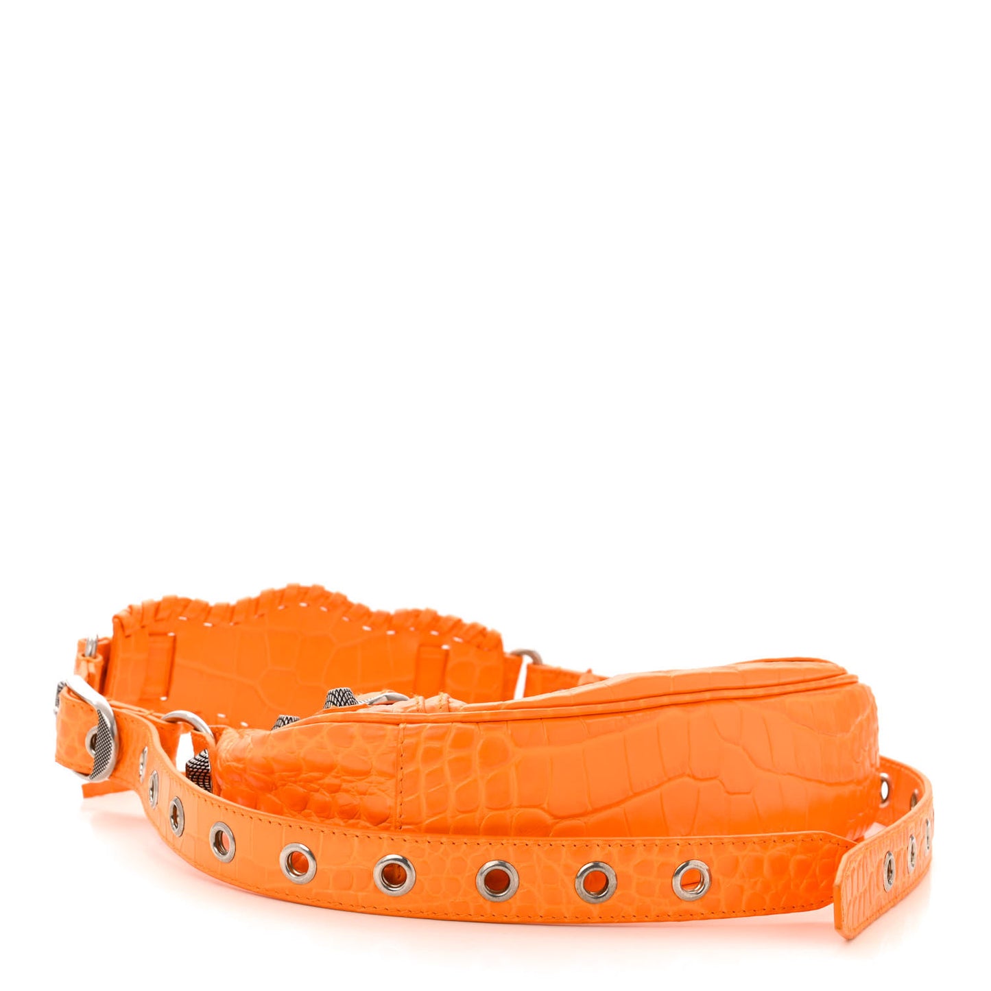 Extra Supple Calfskin Crocodile Embossed Le Cagole Shoulder Bag XS Pop Orange