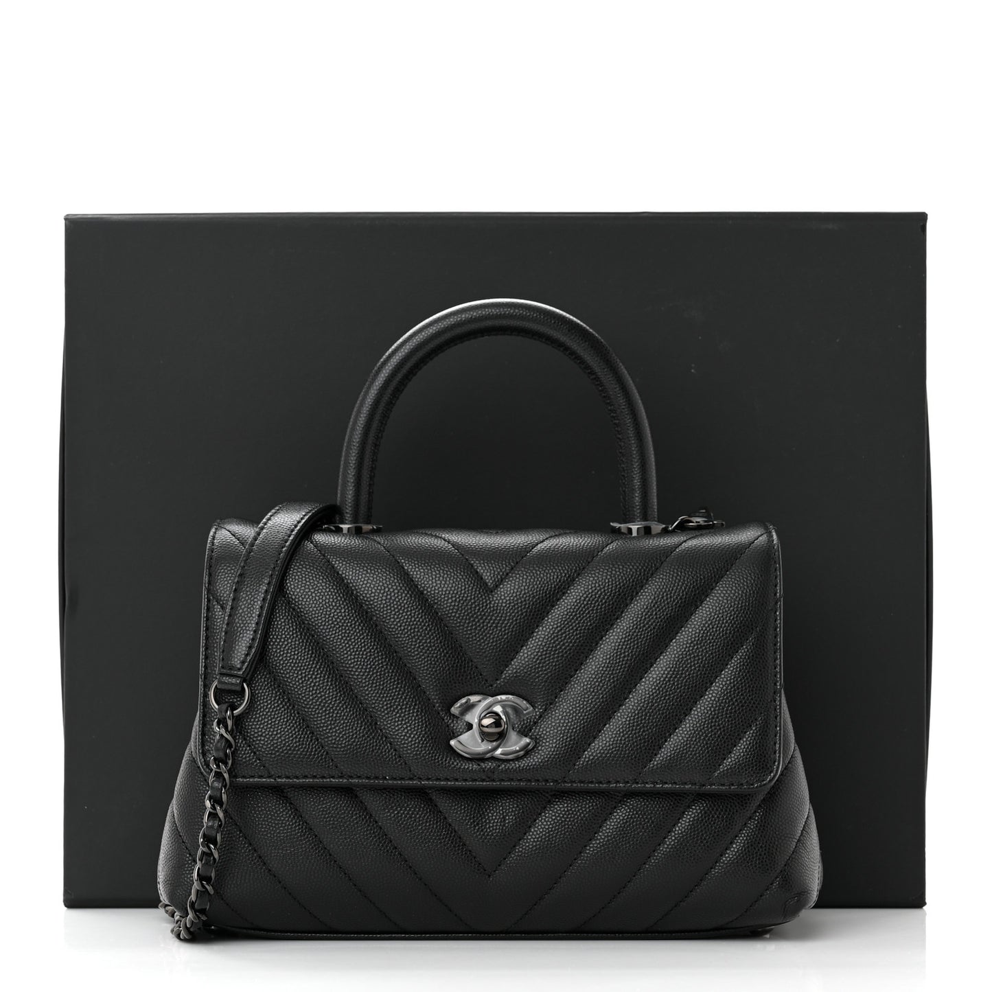 Caviar Chevron Quilted Mini Coco Handle Flap So Black