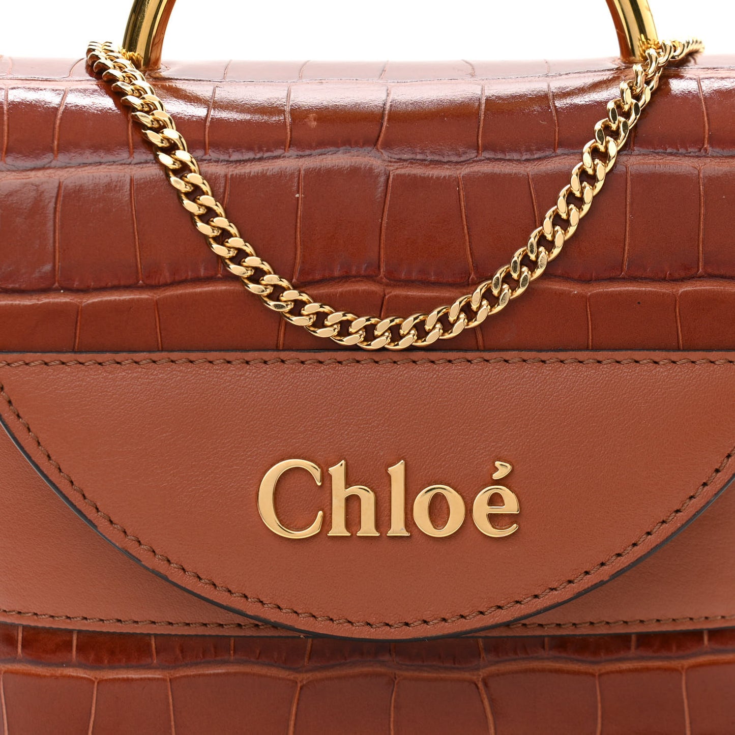 Calfskin Crocodile Embossed Small Aby Lock Chestnut Brown