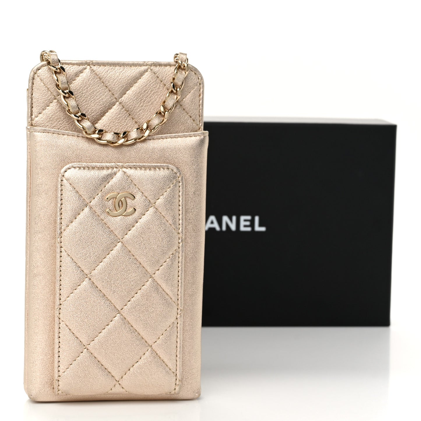 Metallic Lambskin Quilted Zip Phone Case Gold