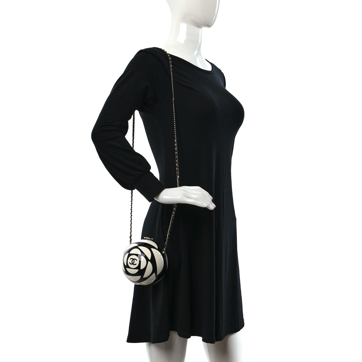 Resin Plexi CC Round Camellia Minaudiere Clutch Black White