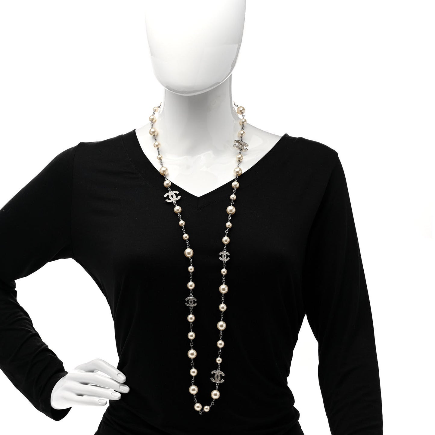 Graduated Pearl Crystal CC Long Necklace Silver