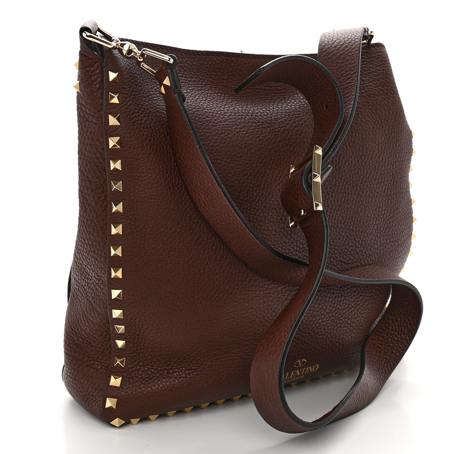 Pebbled Calfskin Large Rockstud Flip-Lock Messenger Bag Brown