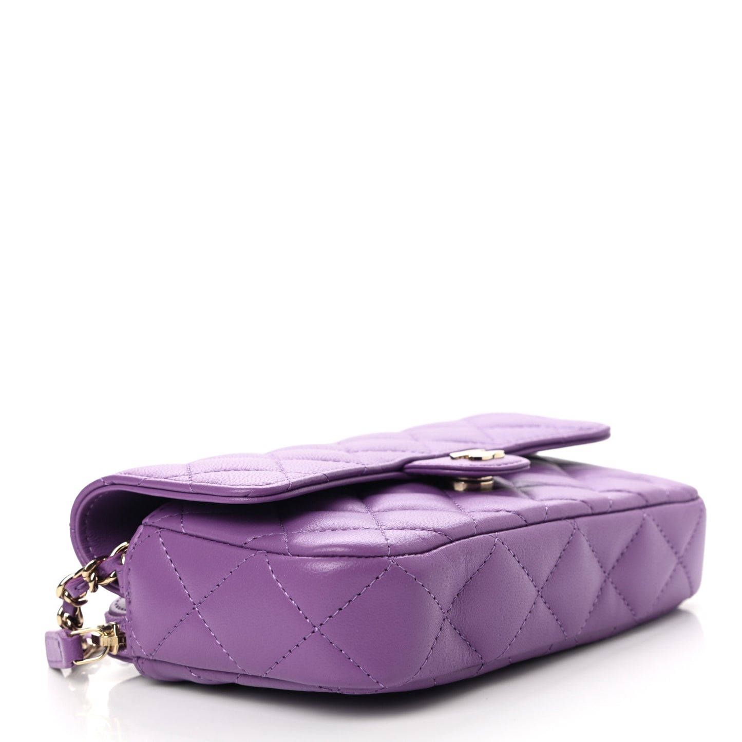 Lambskin Quilted Flap Phone Holder With Chain Purple