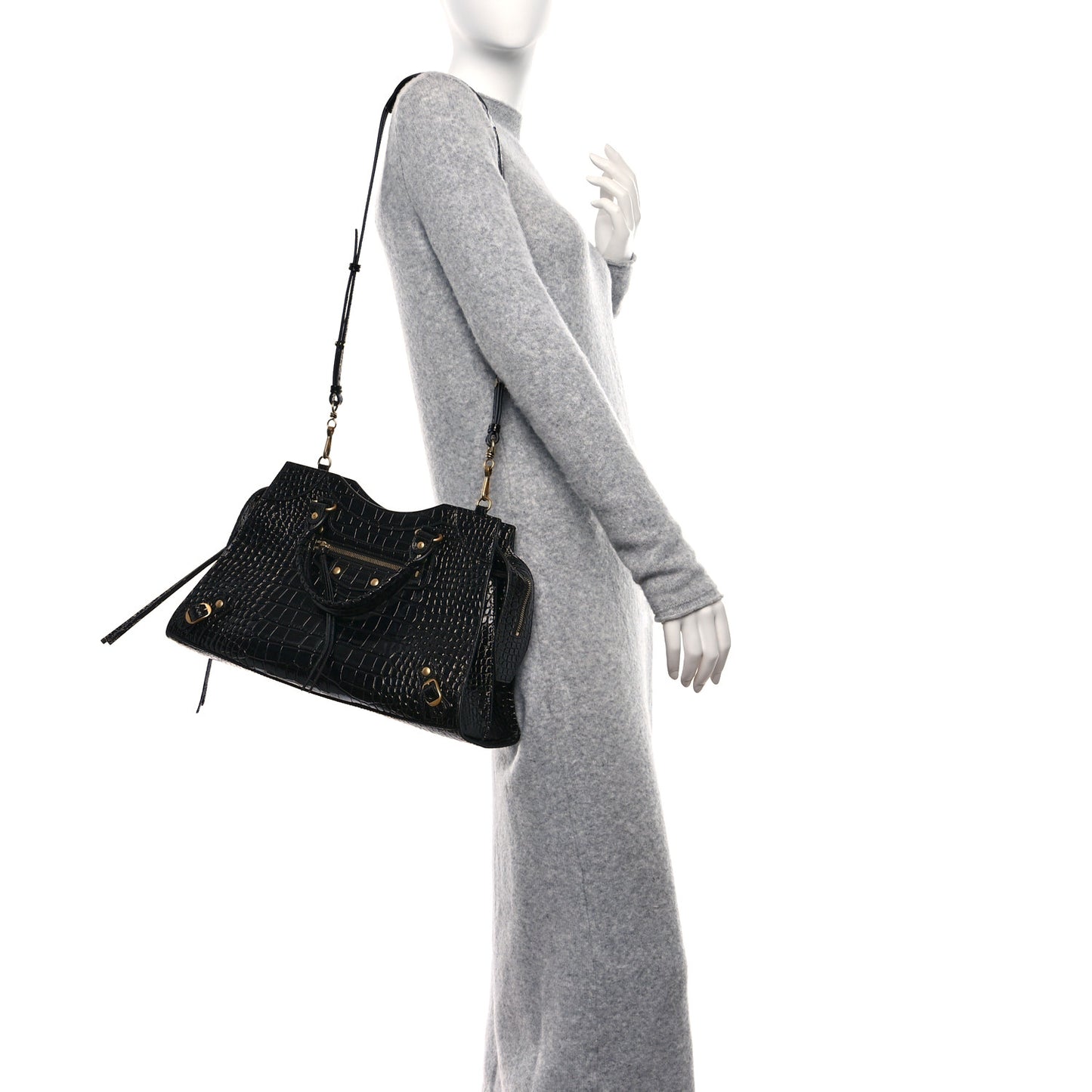 Shiny Supple Calfskin Crocodile Embossed Brass Hardware Neo Classic City Black