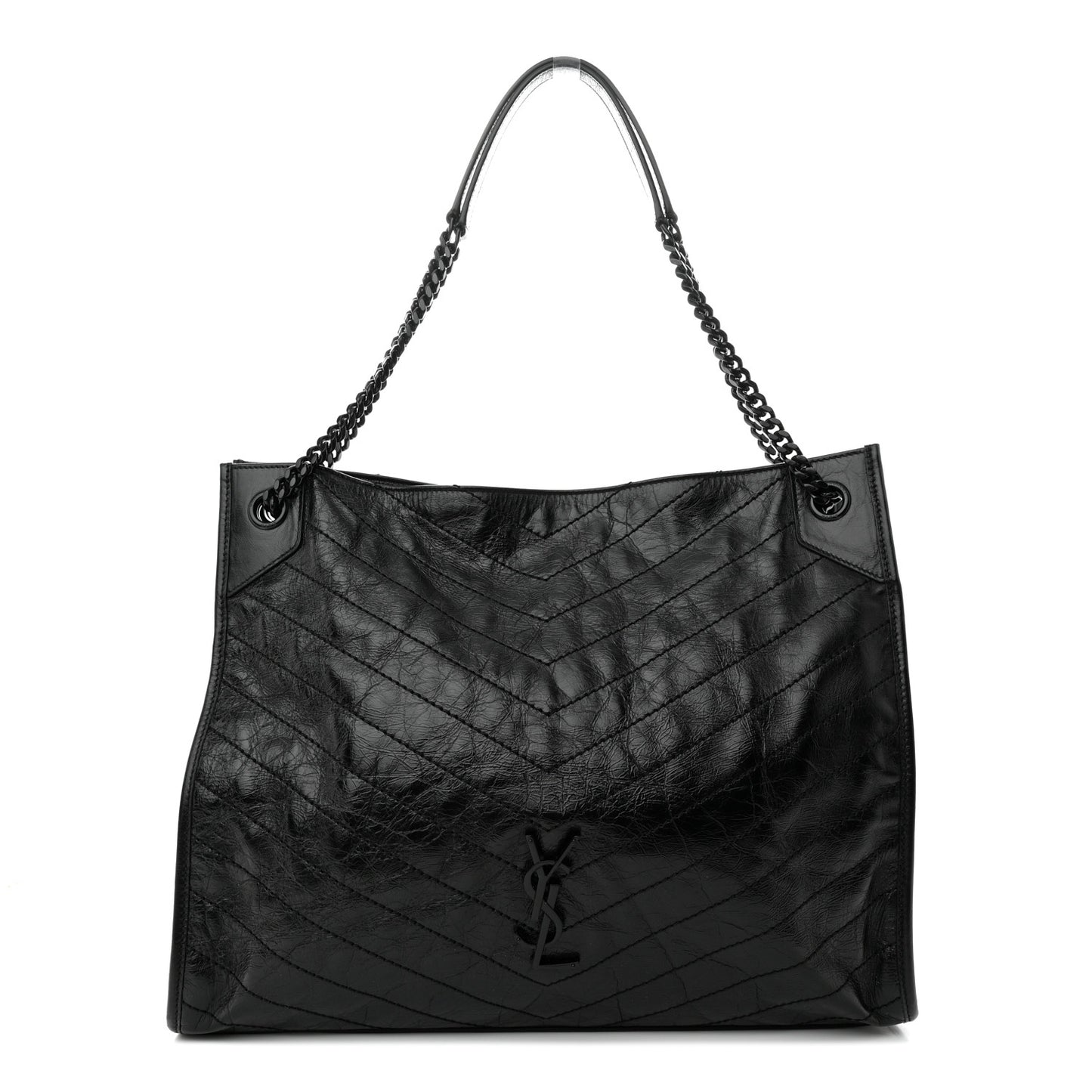 Crinkled Calfskin Matelasse Monogram Large Niki Shopper Tote Black