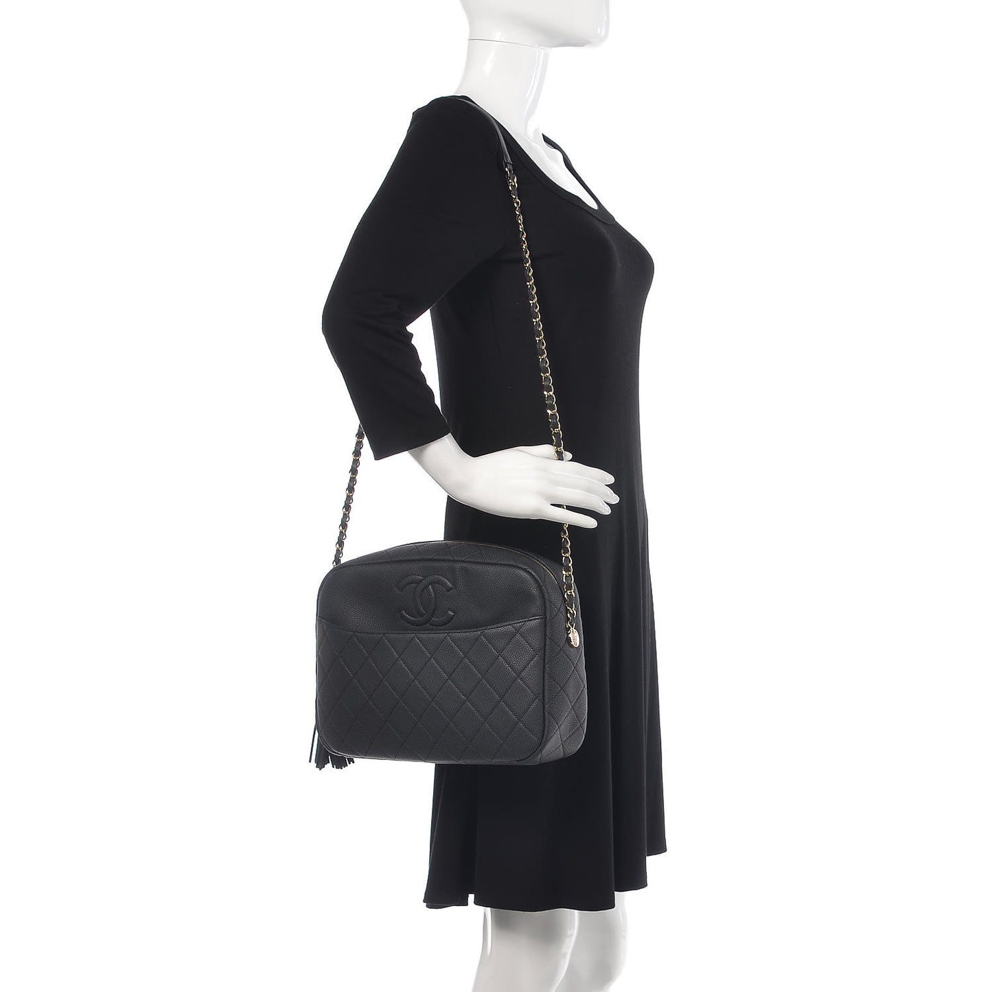 Caviar Quilted Large Coco Tassel Camera Case Black