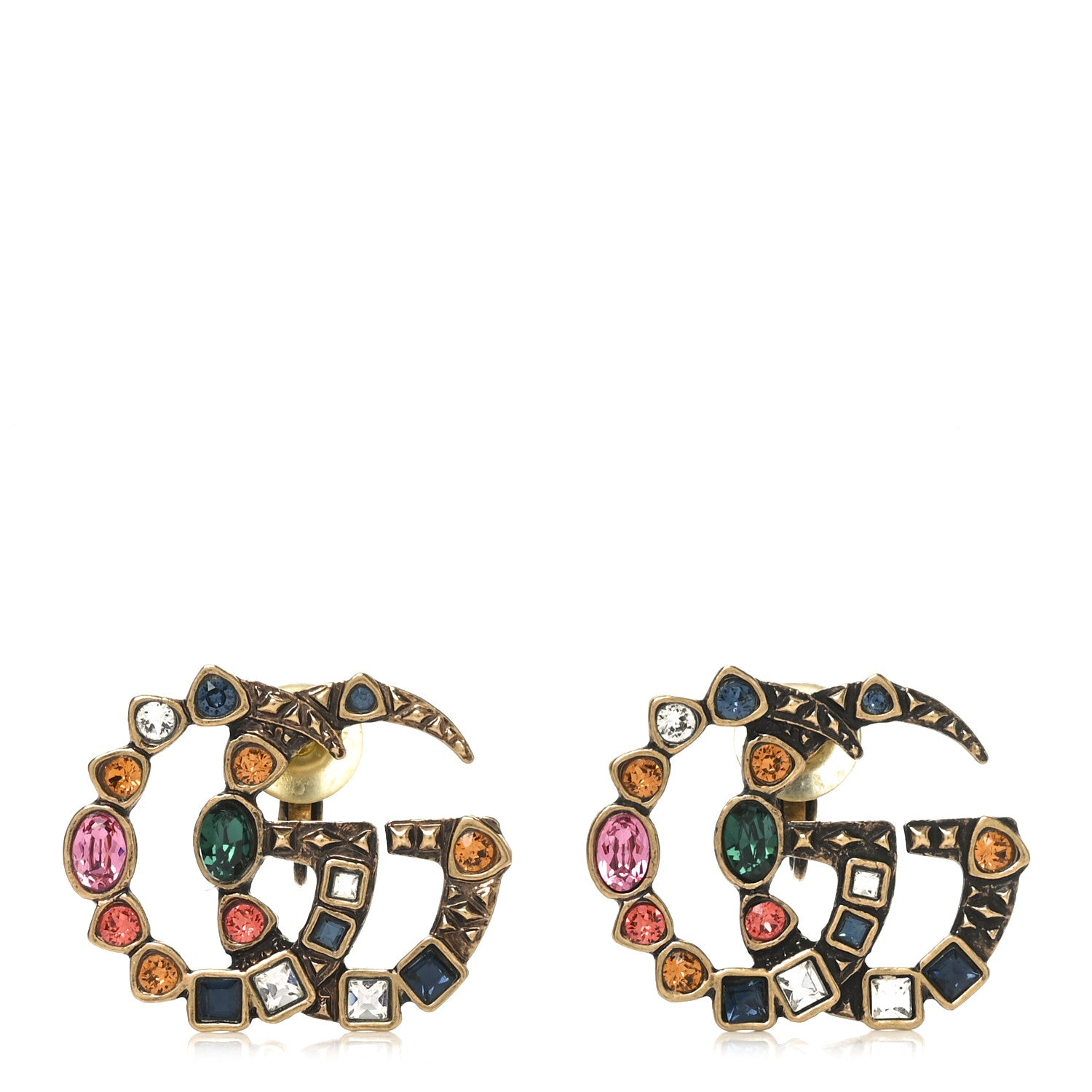 Gucci Crystal Double G Clip On Earrings Aged Gold Multicolor