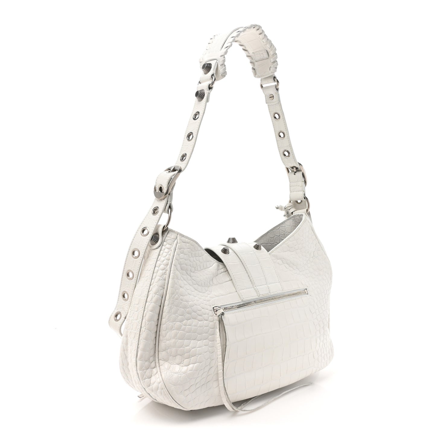 Extra Supple Calfskin Crocodile Embossed Large Le Cagole Shoulder Bag White