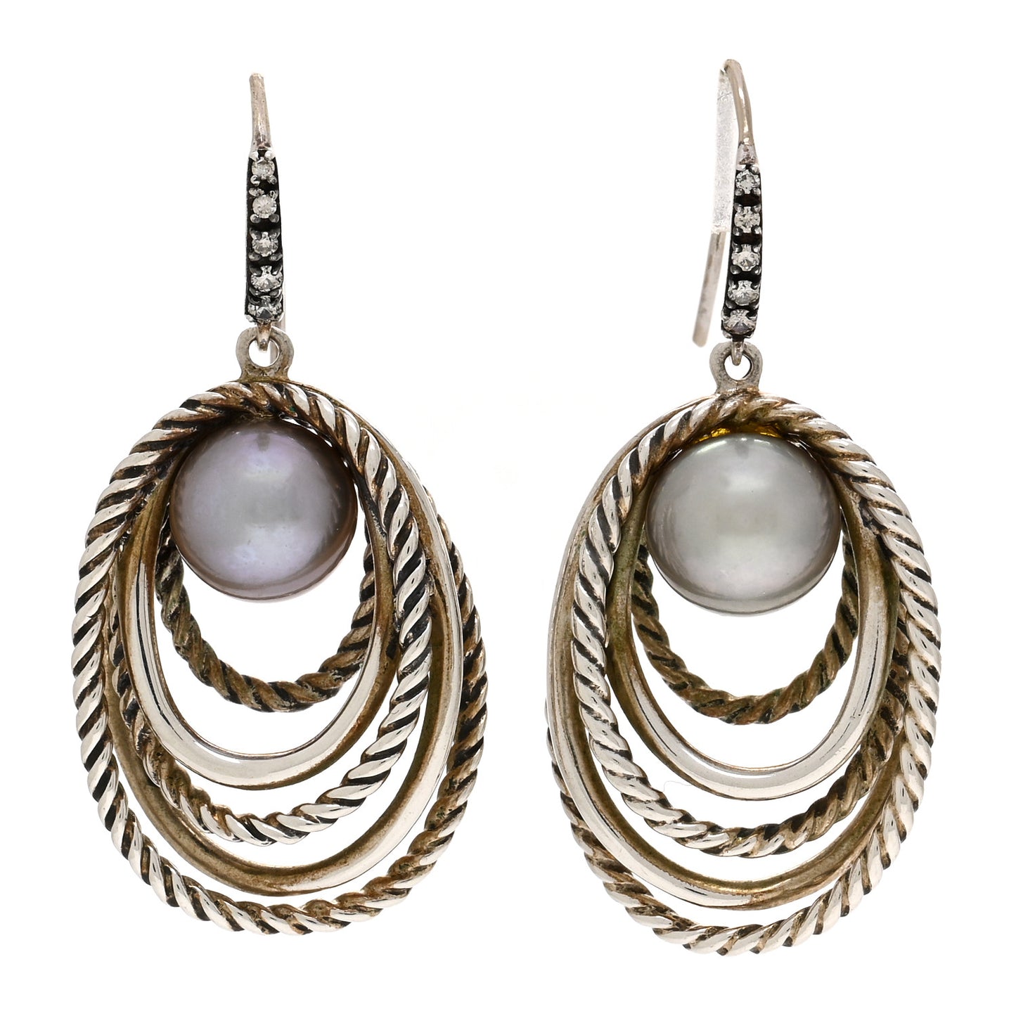 Sterling Silver Gray Pearl Diamond Crossover Cable Drop Earrings
