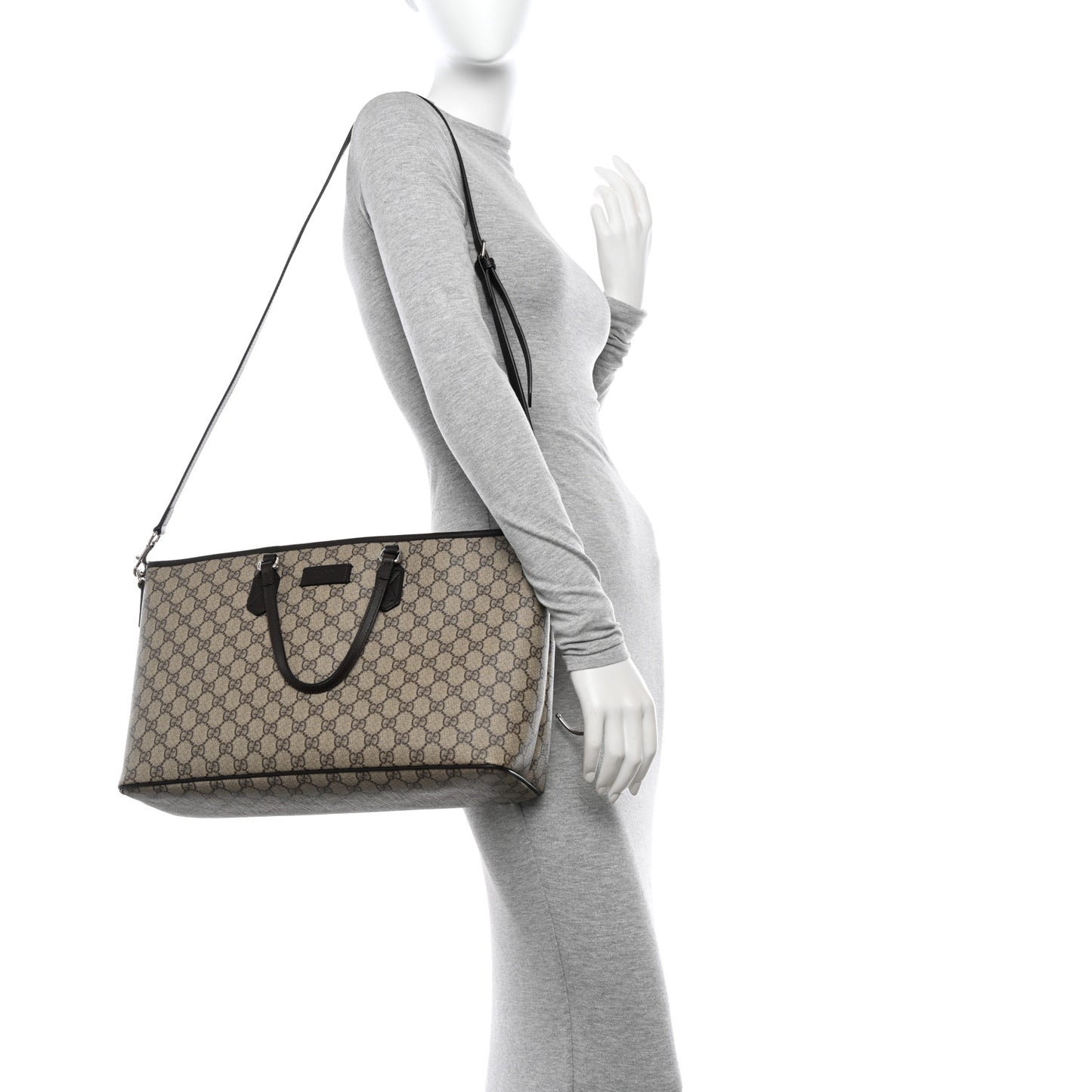 GG Supreme Monogram Medium Zippered Shopping Tote Dark Brown