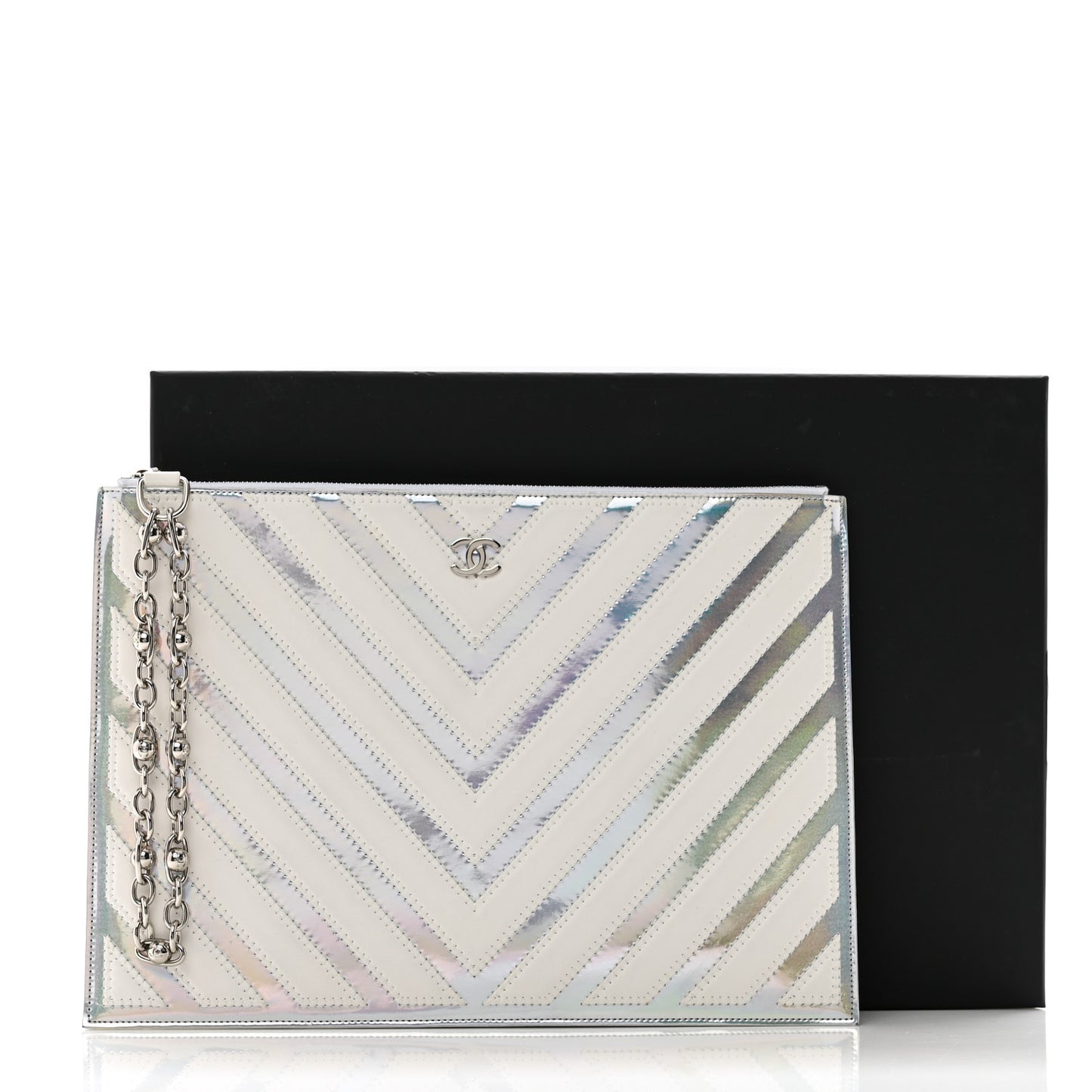 Lambskin Metallic Chevron Zip Pouch White Silver