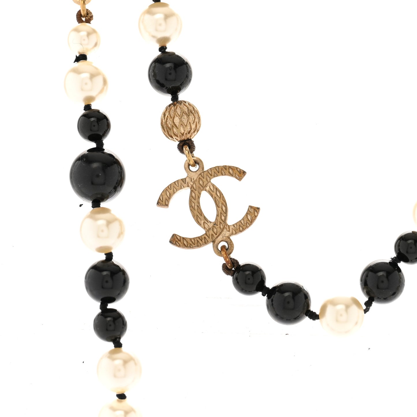 Metal Pearl Beaded Textured CC Long Necklace Gold Black White