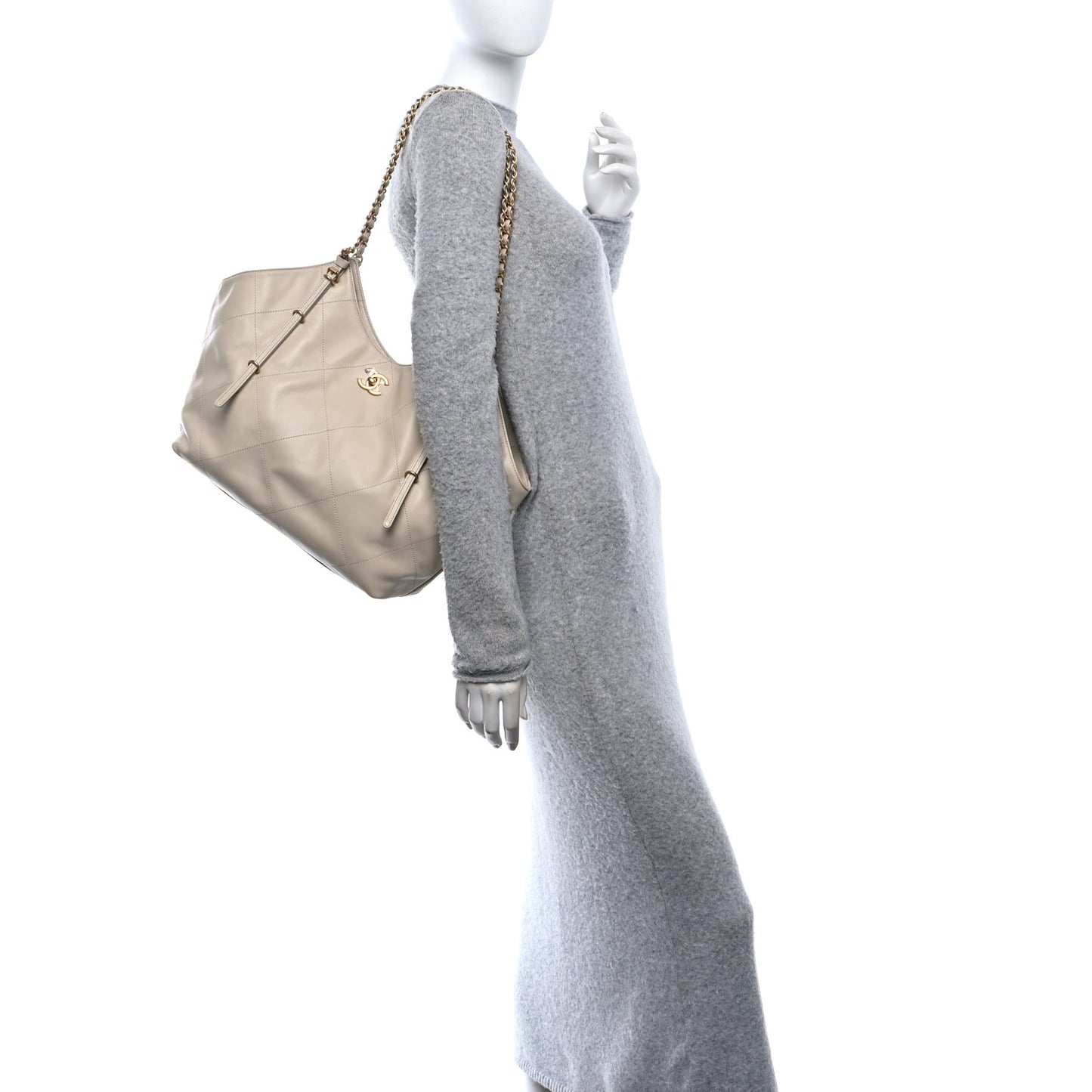 Calfskin Quilted Maxi Coco Large Shopping Bag Beige