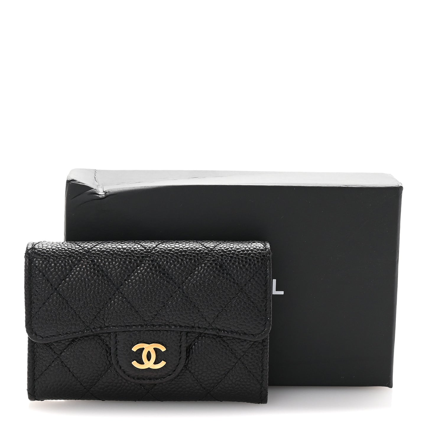 Caviar Quilted Flap Card Holder Wallet Black