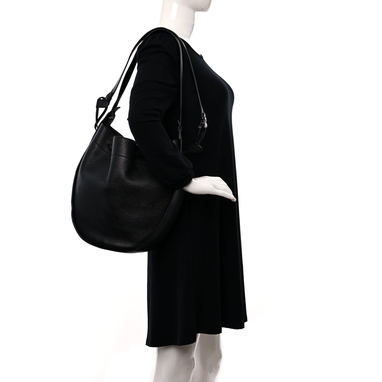 Grained Calfskin Drawstring Bucket Bag Black