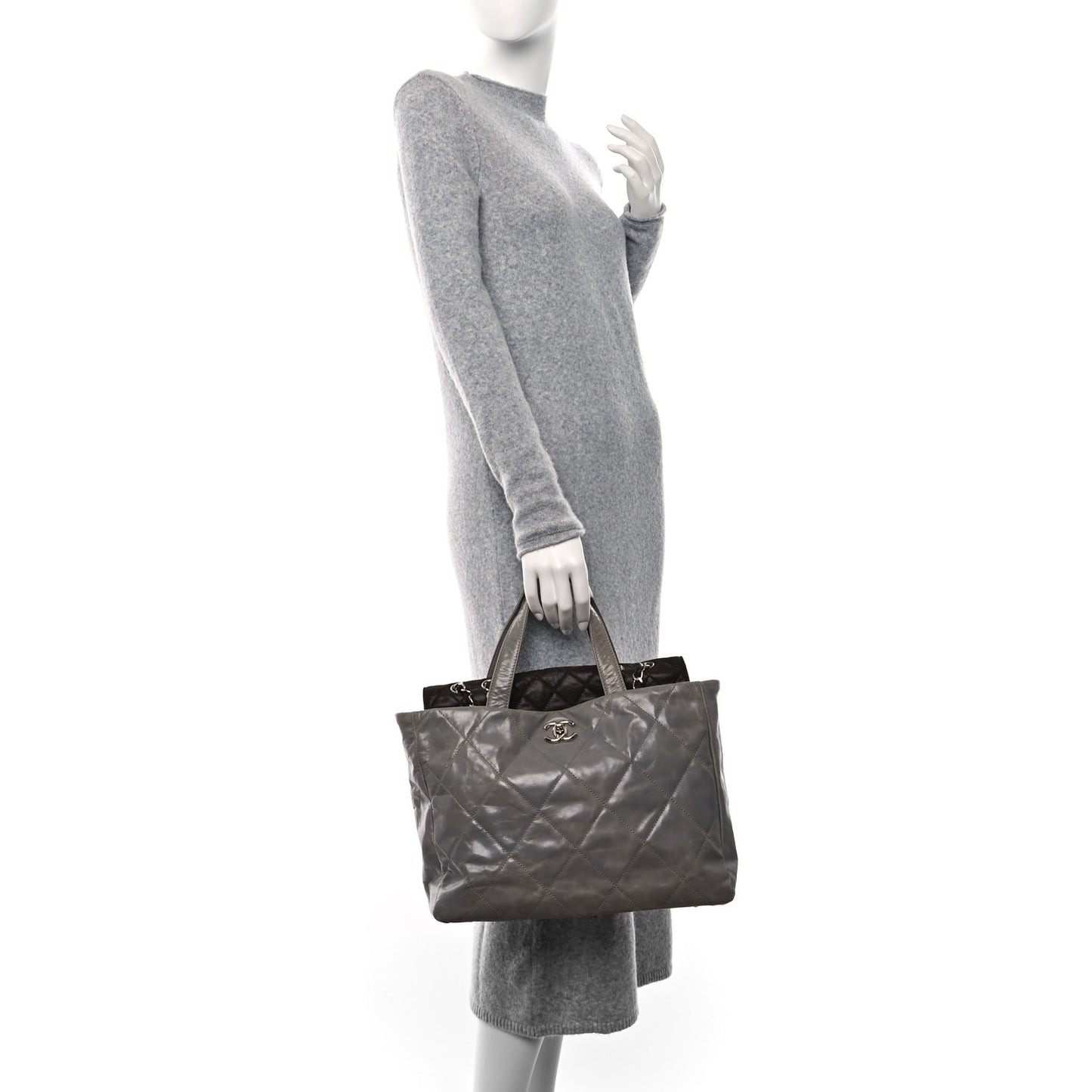 Glazed Calfskin Quilted Portobello Tote Grey Dark Brown
