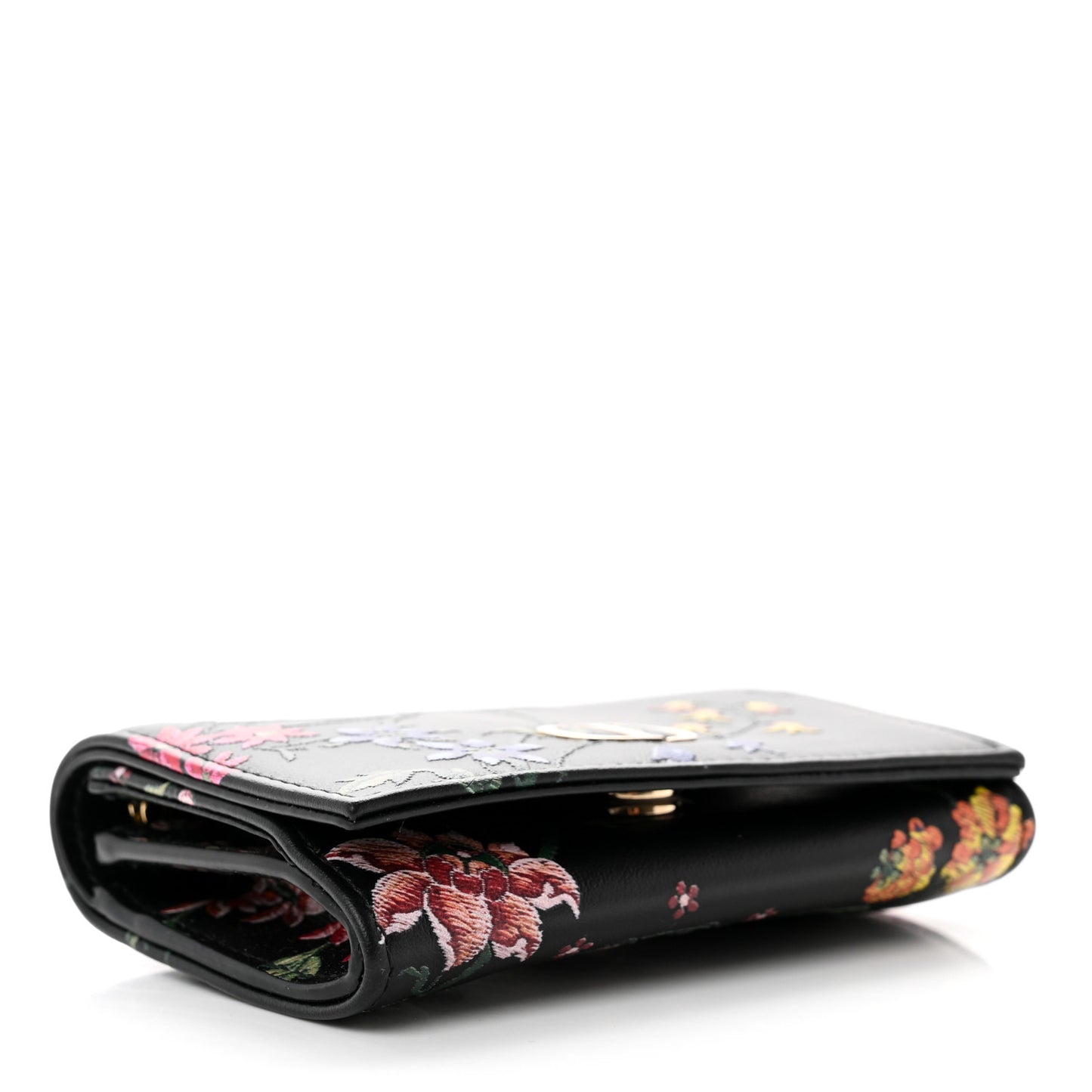 Calfskin Petites Fleurs Print Caro XS Wallet Black Multicolor