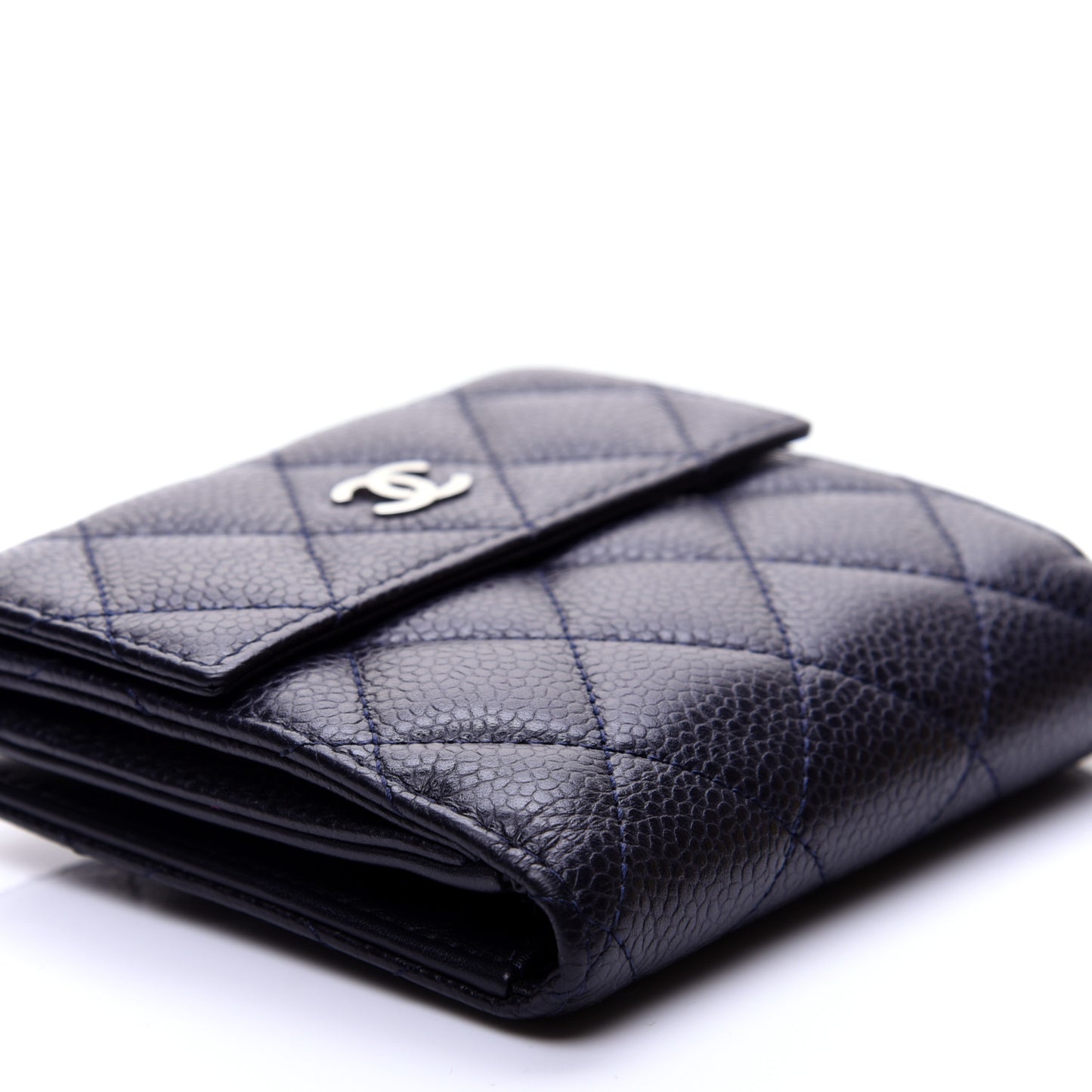 Caviar Quilted Compact French Flap Wallet Dark Blue