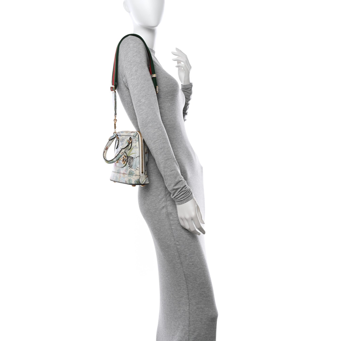 New Shangai Calfskin Tiger Savanah Web Small Horsebit 1955 Top Handle Bag Chalky White Multicolor
